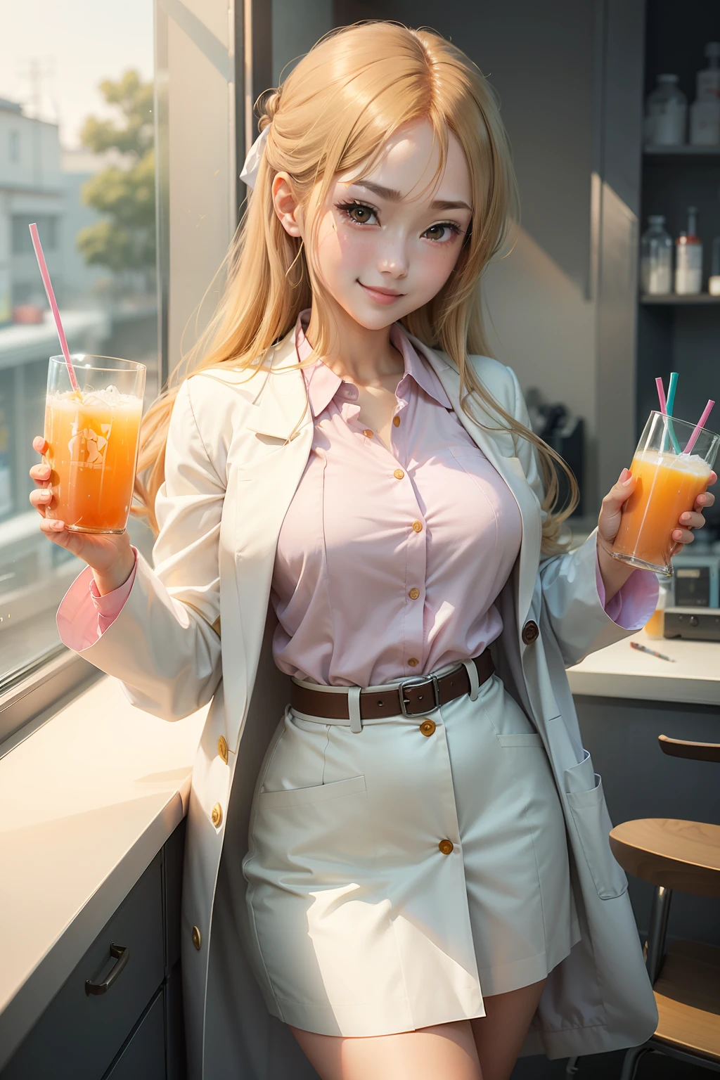 Anime girl smiling and holding up glass of juice, anime girl drinks energy drink, with white coat, wearing lab coat and a blouse, holding a drink, wearing a lab coat, working in her science lab, wearing lab coat, wearing lab coat, marin kitagawa fanart, ( woman samurai ) girl, soda themed girl, In an anime style