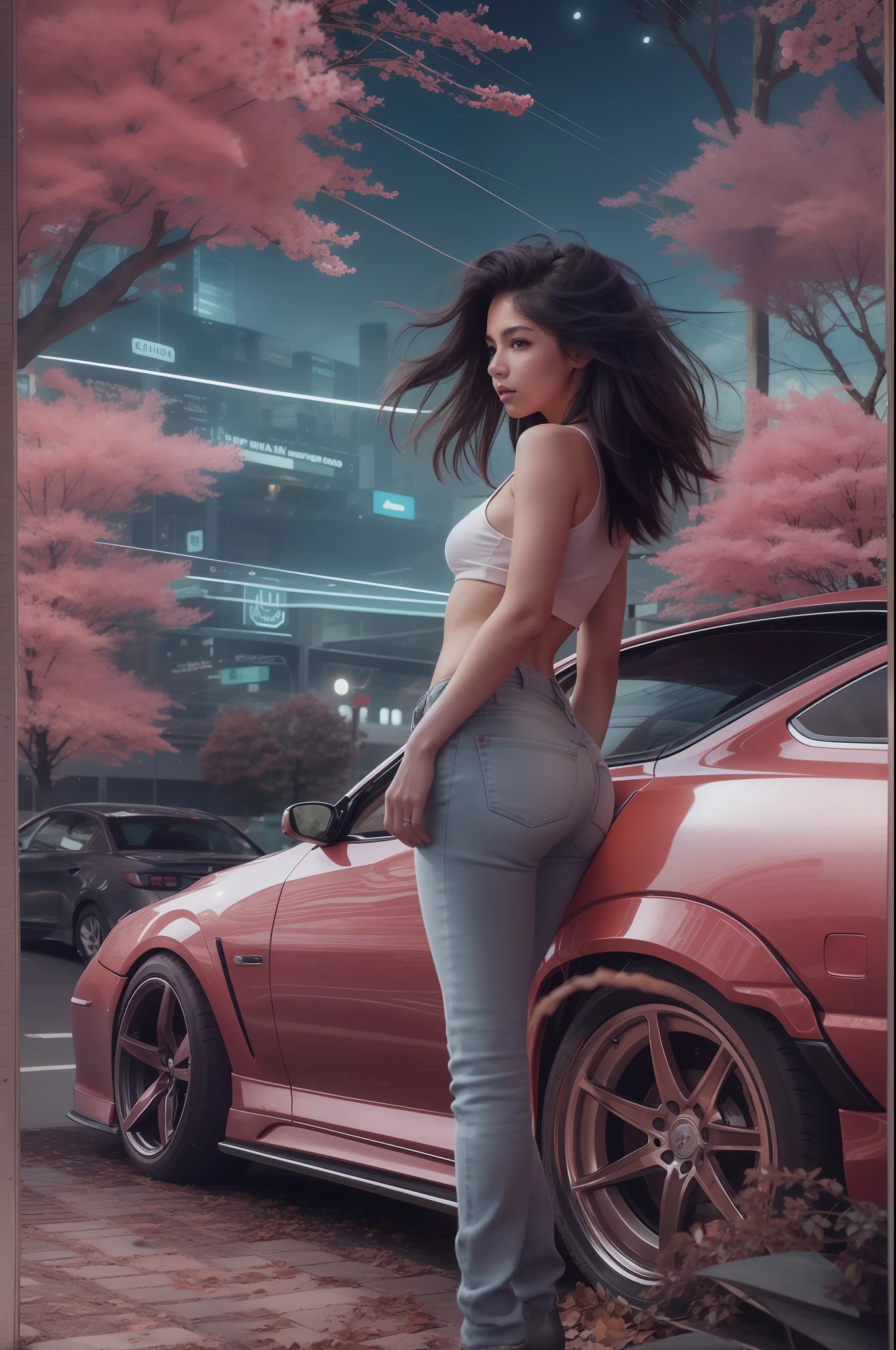 Cinnannoe, hyper realistic, Angle of view of the sky, ultra detalhado tiro de corpo inteiro da mulher em Night City, Ultra perfeitamente detalhado carro rosa Nissan Silvia s14, ao redor da estrada Sakura Trees, Tema Cyberpunk, capuz branco, Camiseta, black skirt, colar, High Future Vibrations, head-to-toe image, profundidade de campo, rosto lindo hiper detalhado, postura corporal natural, trending on ArtStation, 64 mil, Ultra Detalhado, ultra preciso detalhado, surrealismo, Motor Ultra Unreal, epics, sardas, stomach, perna, feets