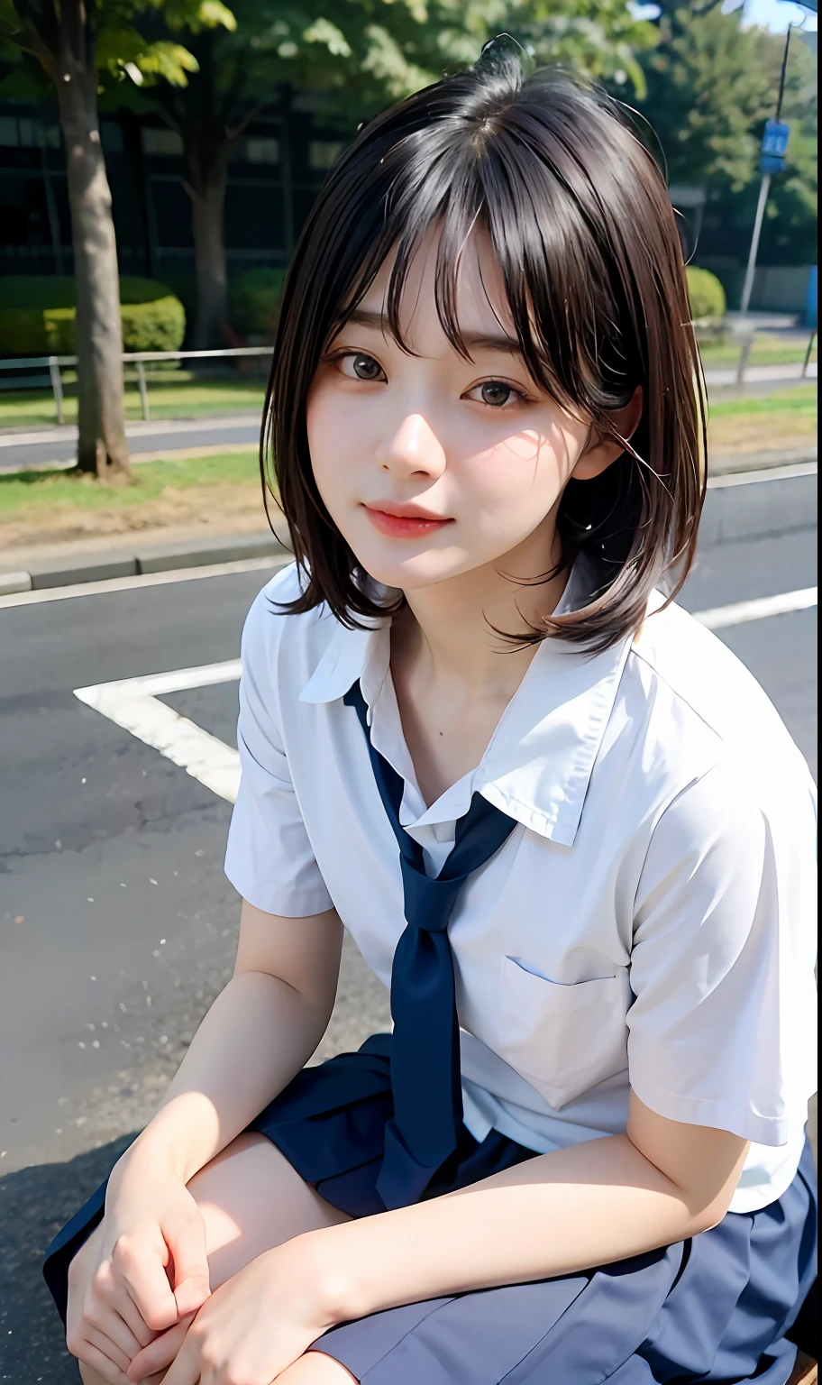 ((top-quality、​masterpiece))、Raw photography、8K、top-quality、 超A high resolution、Beautiful face in every detail、Realistic human skin、Gentle expression、front-facing view、Farbe々From an angle、shorth hair、realisitic、Photorealsitic、cute little、a short skirt、cute school girl、Japan schoolgirl wearing uniform、Surreal High School Girl、wrist watch、blue-sky、a park、Benches、neck tie、