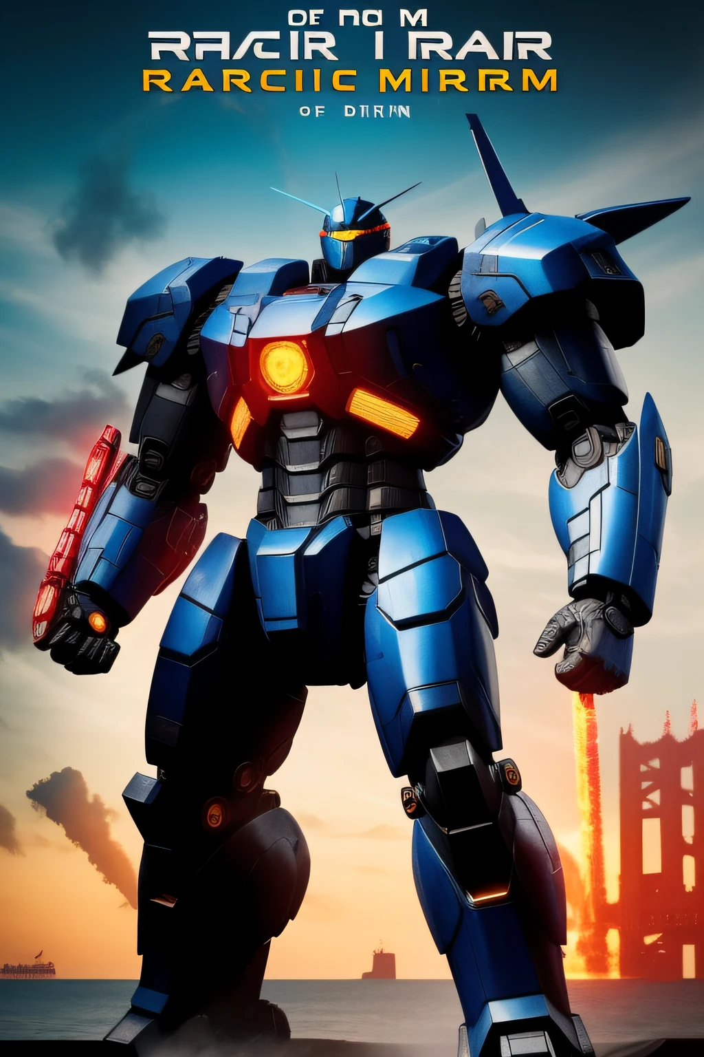 usar referencias de pacific rim pra criar o mecha, sem cores brancas, De cores mais cinza, One of his hands has a holographic shield, while on the other arm;, He's a drill. Remove letters at the top of the image and add electrical welding details throughout the body