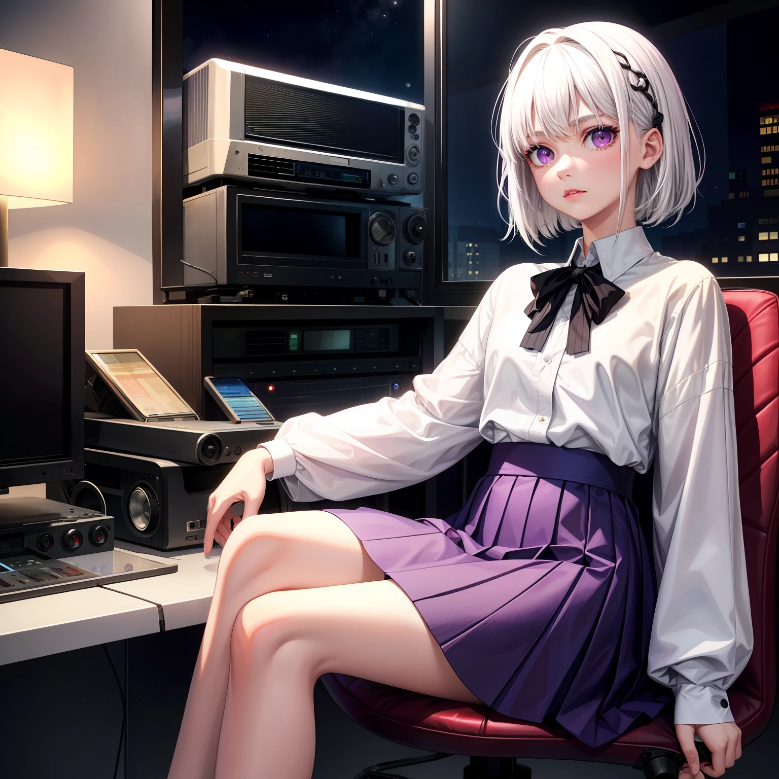 realisticlying,1girll,White hair,Purple eye,Cut the top,a skirt,parted lip,astonishment,the night,inside a room,Listening to the radio