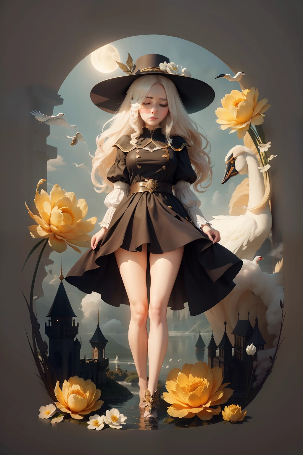Flowers like castles from a golden spring tower over a beautiful Lady fare, in the spring of eternal youth she bathes her alabaster form to a symphony of trumpeter swans the flay in the sunbeam shy of ure and cotton cloud A extreme 90 meters long shot octane render, high quality hyperdetailed 24k photorealistic