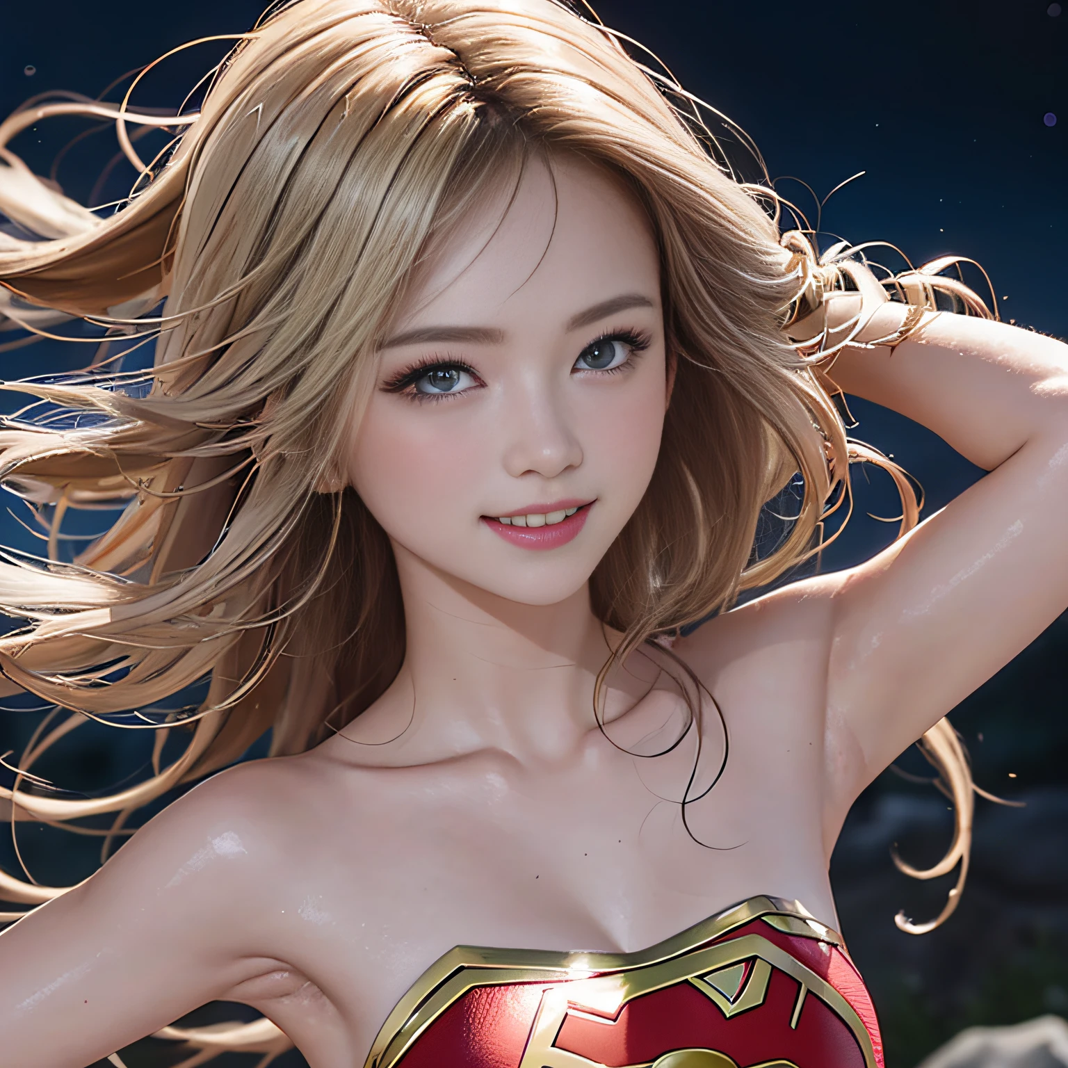 (8K, RAW Photos, of the highest quality, Masterpieces: 1.2), (Realistic, Photorealistic: 1.37), Highest Quality, Ultra High Resolution, light leaks, Dynamic lighting, Slim and smooth skin, (Full body:1.3), (Soft Saturation: 1.6), (Fair skin: 1.2), (Glossy skin: 1.1), Oiled skin, 22 years old, Night, shiny white blonde, Well-formed, Hair fluttering in the wind, Close-up shot of face only, Physically Based Rendering, From multiple angles, A big smile, super girl、miniture,