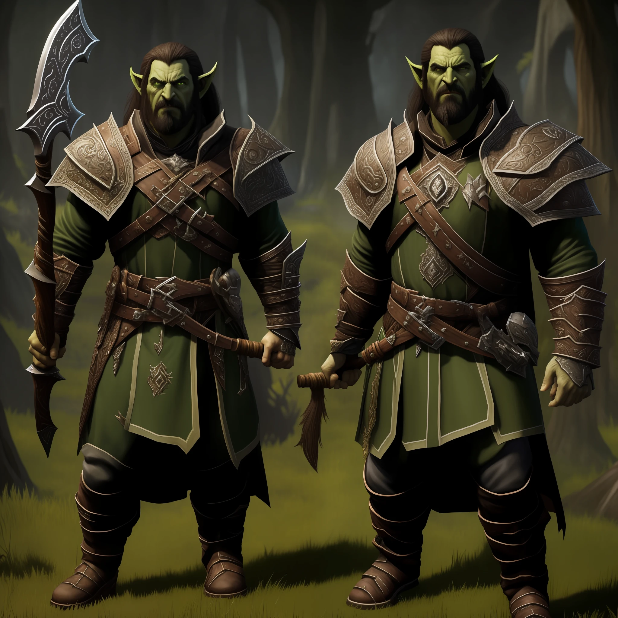 1 orc breed, estilo world of Warcraft, roupa preta, jaqueta de couro, leather pant, botas, cool, olhos com cara de mal, holding a two-handed axe, corpo inteiro, cor do corpo verde -nome Thorin --cidade horda Warcraft