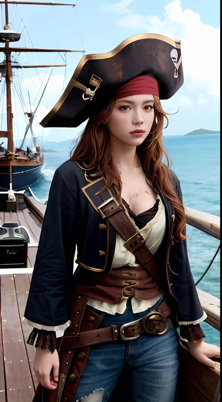 Dramatic lighting, Highest quality, film movie still, (Charming Anne Bonny, Dressed in dirty tattered pirate costumes, Stand on the deck of a pirate ship docked in a Caribbean port), grimy, Dark atmosphere, Toned body, (ripped clothing:0.8), Perfect face, view the viewer, (Detailed skin), [Tattoos], [freckle], ((Dirty)), (muddy), (dark cloude:0.7), (Stormy weather:0.5), Dull, Natural lighting, (direct light:0.4), 8mm film grain, photographed on a Sony a9 II, 24mm lens, f/2.8 aperture, Deep focus, (primitive), 8K, (Stills from《The Lost Pirate Kingdom》)