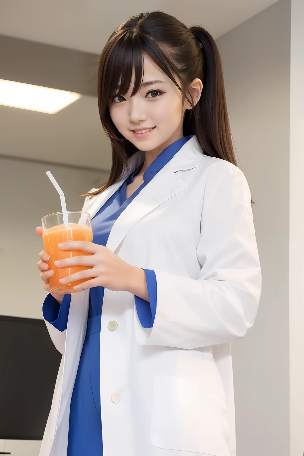 Anime girl smiling and holding up glass of juice, anime girl drinks energy drink, with white coat, wearing lab coat and a blouse, holding a drink, wearing a lab coat, working in her science lab, wearing lab coat, wearing lab coat, marin kitagawa fanart, ( woman samurai ) girl, soda themed girl, In an anime style