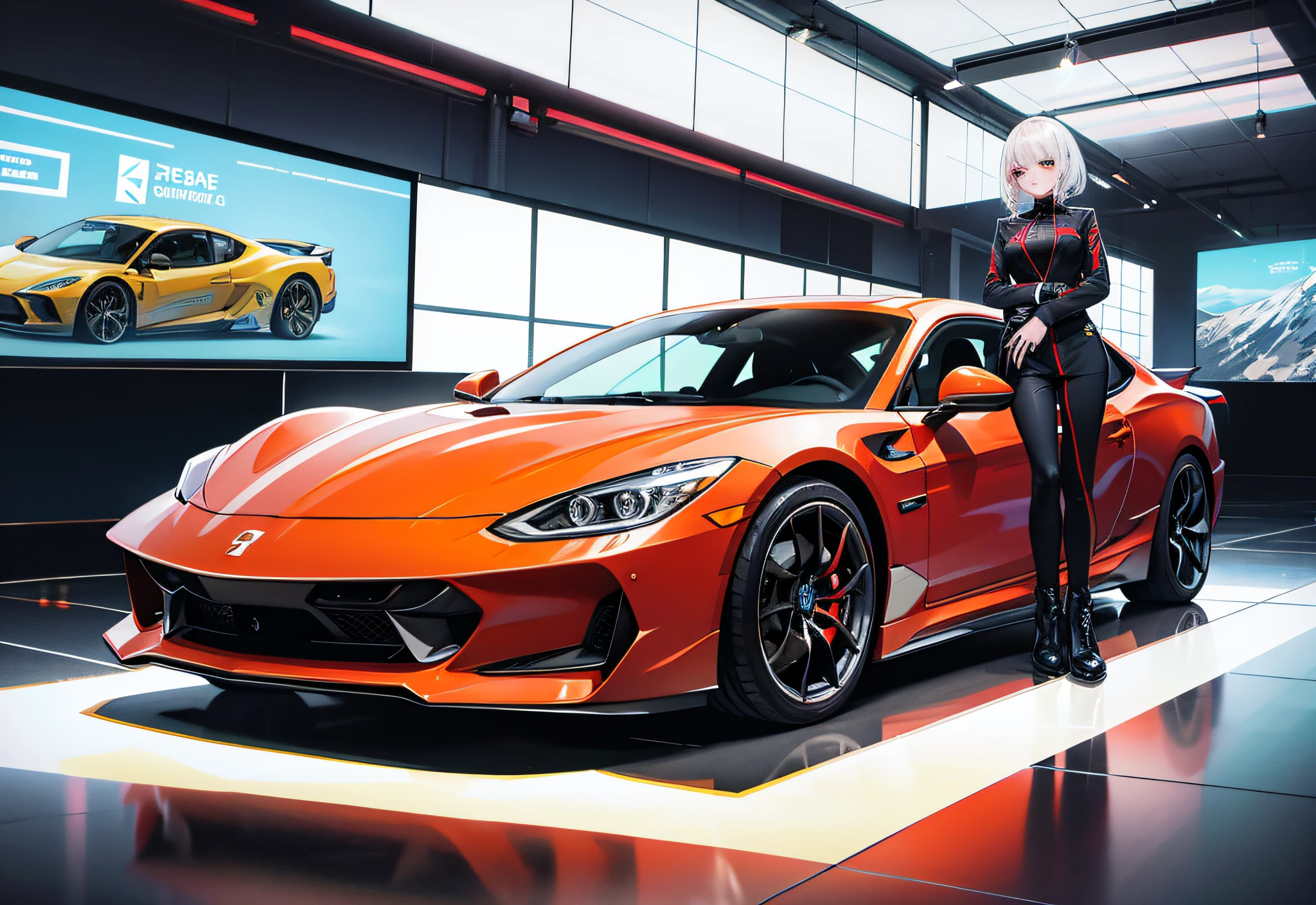 Tarde, 1 girl standing by car, Carros, Traje espacial, Carro branco, spoiler limpo, muito detalhado, luzes brilhantes, carro legal, carro legal, JDM, carro sob brilho, Pista de atletismo, (Quadro central),