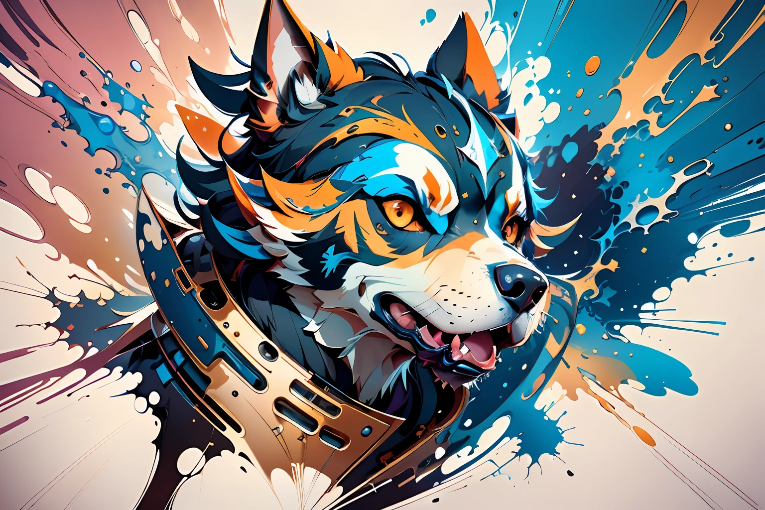 distorted art of a vibrantly colored cartoon pit bull face in the form of a futuristic shield with brush TECHNIQUE and splash effects