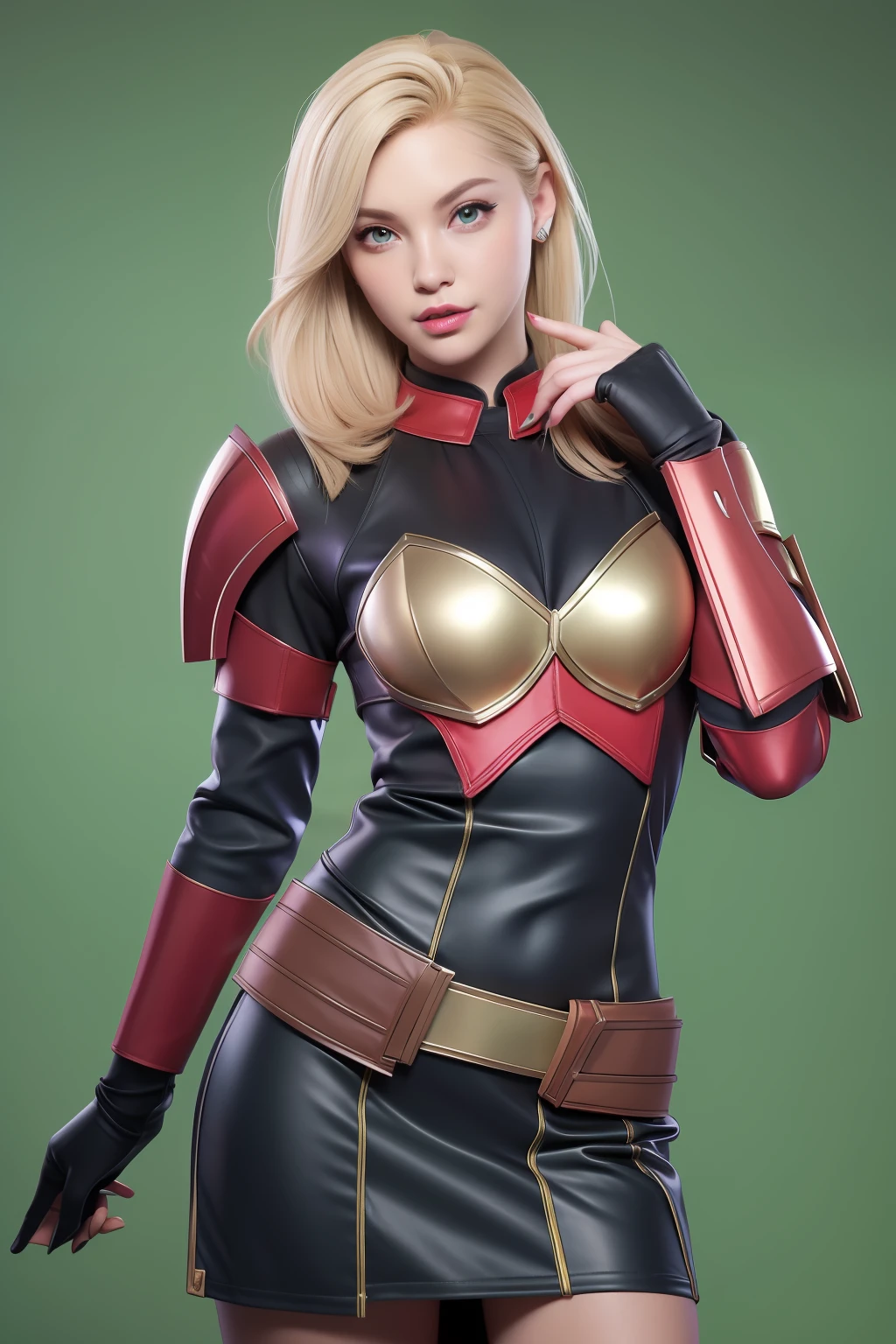 Beautiful Face Woman、a blond、a miniskirt、Green background、 Beautuful Women、18year old、prety woman、hyper realistic photography、High-definition photos、red lipsticks、Mandalorian Style Metal Armor Skirt Suit、big eye、The skin is not very exposed、Do not cut your head off the screen、middle skirt