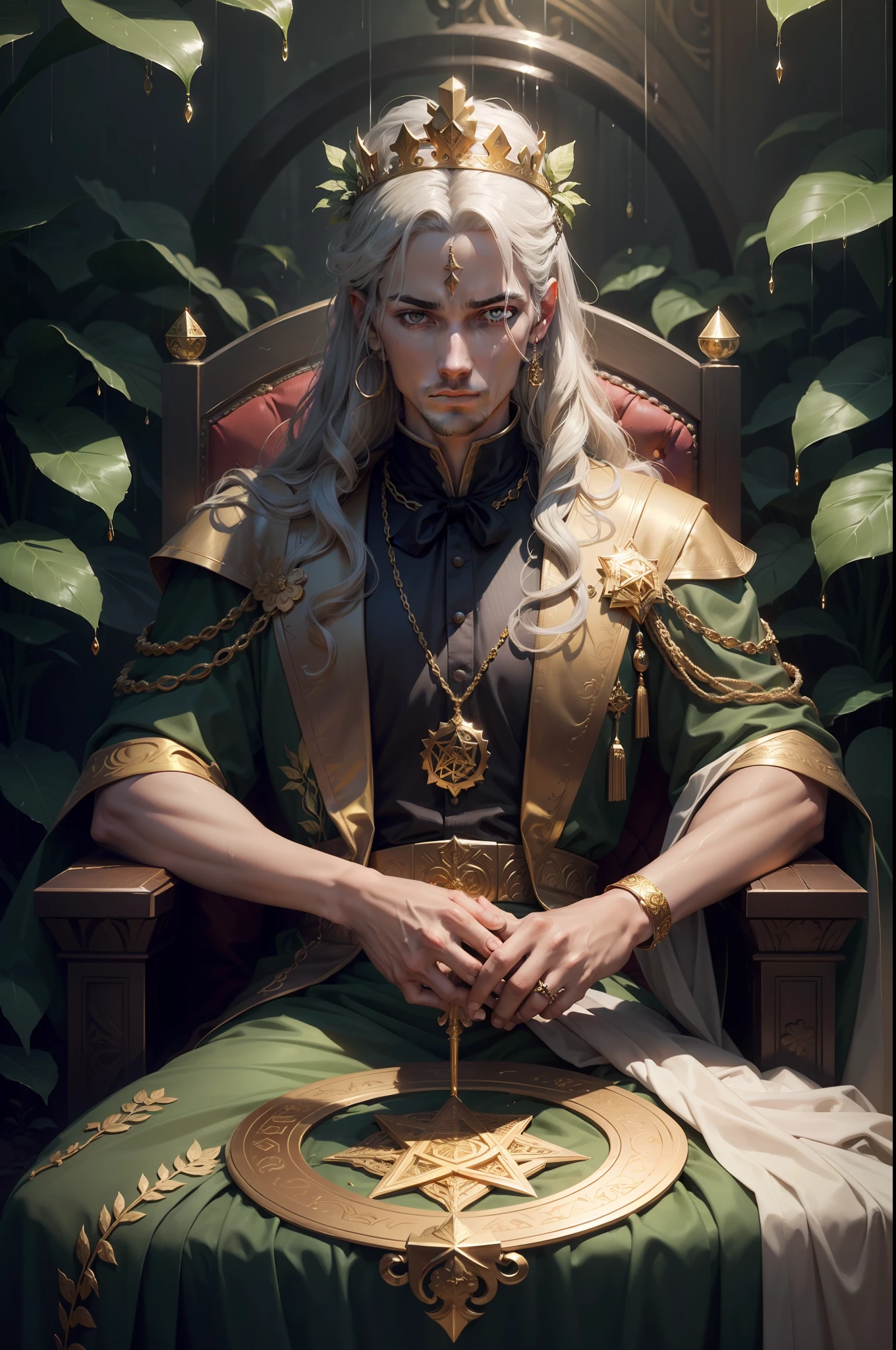 a man sitting on his royal throne surrounded by plants, wearing a gold crown with gold jewlery, had a gold wand in his left hand, golden pentacle coin in other hand, best quality, masterpiece, rainy graveyard, spirit dark theme