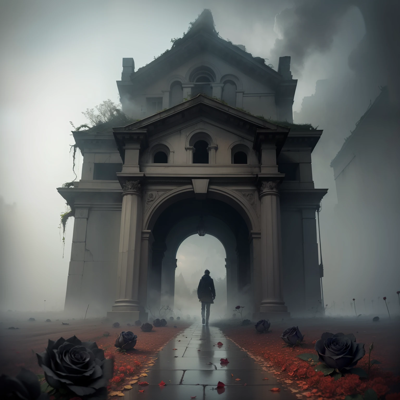 Under the fog,A ruined one under the shadows,Withering roses