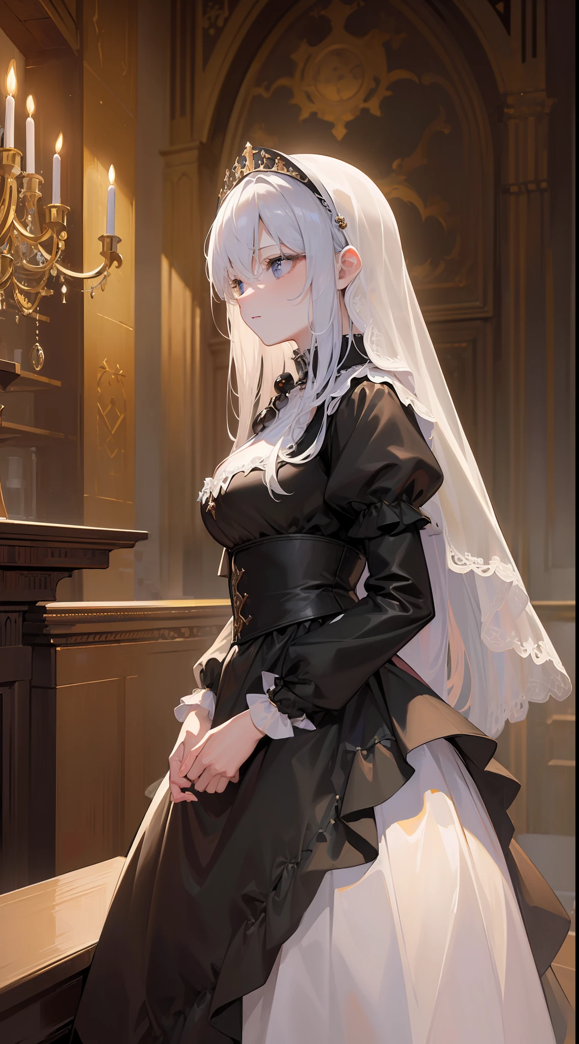 (masterpiece:1.5), (bestquality), highlydetailed, ultra-detailed, (pale), (dark), (cloudy), (in the baroque architecture), (inside the castle), (in a tavern), (expressionless), (long sleeves), (black veil), (rosary), (candlelight), (powerful silence), holy atmosphere