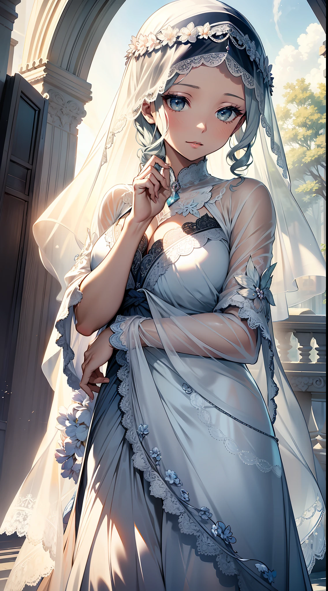 masterpiece, (bestquality), highlydetailed, ultra-detailed, beautiful veiled figure, flowing and ethereal, delicate lace veil, mysterious and elegant, soft and translucent fabric, intricate embroidery, subtle hints of color peeking through, graceful and serene, (filtered sunlight), gentle breeze caressing the veil, (no specific weather or time), evoking a sense of mystique and allure.