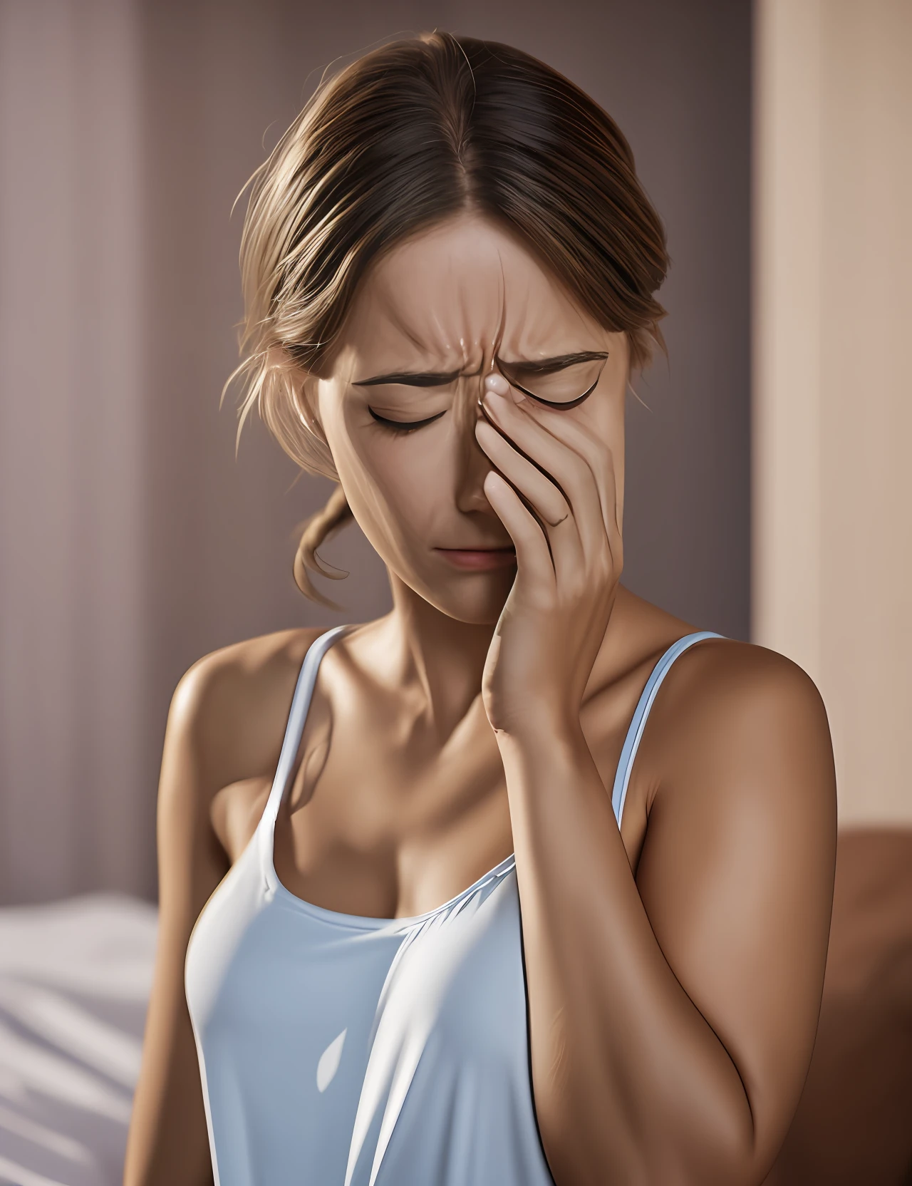 woman having an anxiety attack, eyes closed, crying, disheveled hair, high quality, photorealistic, 8k, high definition, wearing nightwear, in bedroom --auto --s2