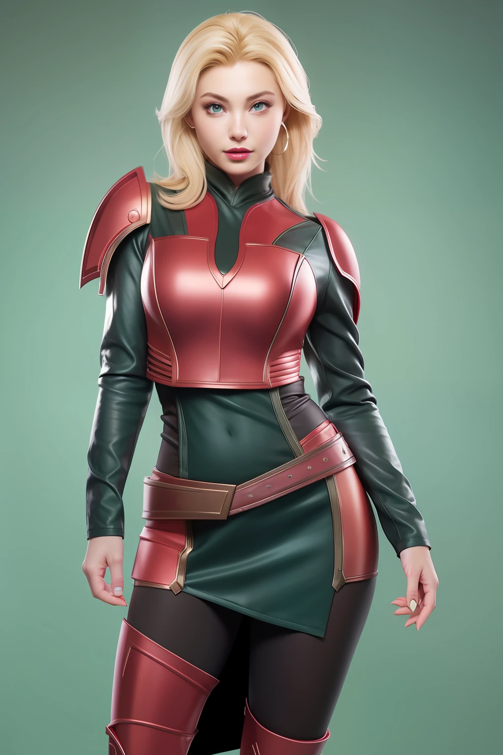 Beautiful Face Woman、a blond、Green background、 Beautuful Women、18year old、prety woman、hyper realistic photography、High-definition photos、red lipsticks、Mandalorian Style Metal Armor Skirt Suit、big eye、The skin is not very exposed、Do not cut your head off the screen、
