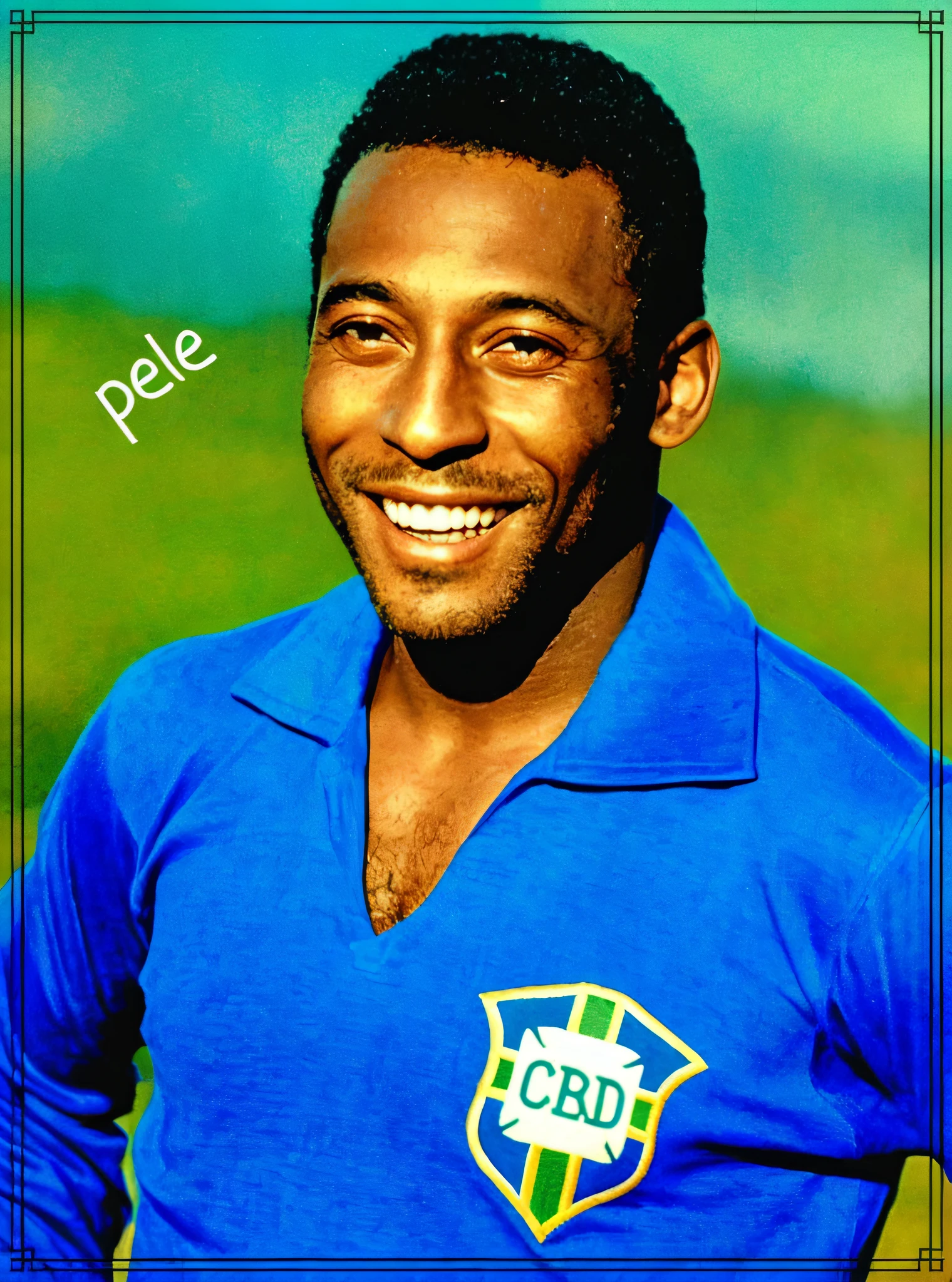 Homem de camisa azul sorrindo com um campo verde ao fundo, portrait of pele, Arte de Pedro Bell, inspired by Ceferí Olivé, Manuel Sanjulianblue, inspirado em Candido Bido, Pepe, 🌻🎹🎼, Directed by: CeFerí Olivé, smoth, Eddie, salvador, 🚿🗝📝