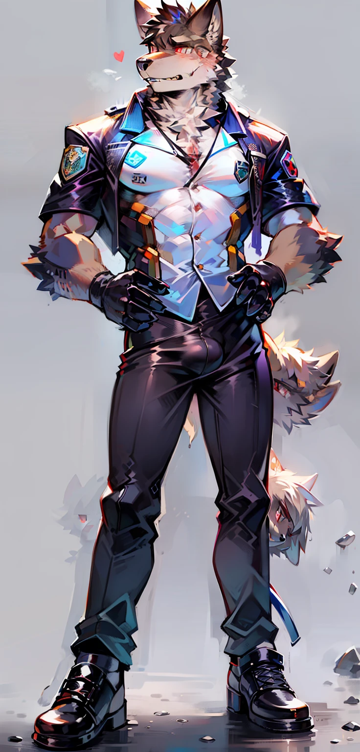 (solo person,Male dogs,Mature male,Abs),German Shepherd,((brown pubic fur,Beige fur color)),red pupils,police uniforms,American police officer black jacket,werecreature,((独奏)),((with black background)),((Stand up)),(Policing manifestations),serious-expression,Sharp eyes,With gun in right hand,Police pants,((Men's strong black pvc latex cat black wet appearance full tights))