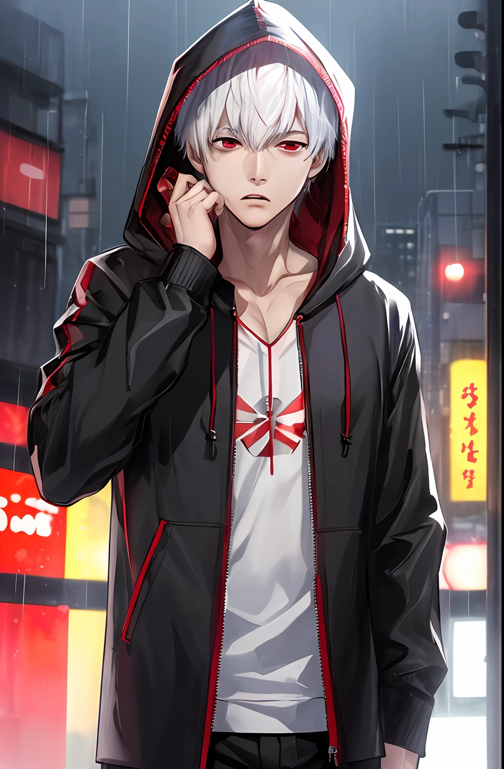 kk, best quality, more details, masterpiece, 1boy, kaneki ken, portrait, male focus, red eyes, solo, bangs, looking at viewer, hood, short hair, rain, tokyo tokyo \(city\), hood up, nail polish, white hair, luxurious, 8k, detailed, ray tracing, depth of field, cinematic lighting,