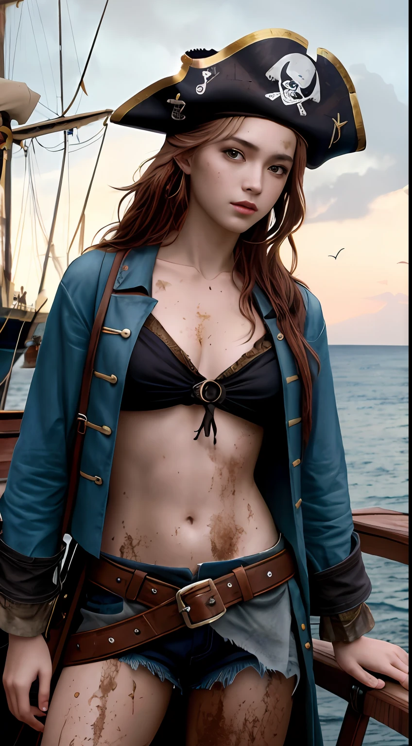 Dramatic lighting, Highest quality, film movie still, (Charming Anne Bonny, Dressed in dirty tattered pirate costumes, Stand on the deck of a pirate ship docked in a Caribbean port), grimy, Dark atmosphere, Toned body, (ripped clothing:0.8), Perfect face, view the viewer, (Detailed skin), [Tattoos], [freckle], ((Dirty)), (muddy), (dark cloude:0.7), (Stormy weather:0.5), Dull, Natural lighting, (direct light:0.4), 8mm film grain, photographed on a Sony a9 II, 24mm lens, f/2.8 aperture, Deep focus, (primitive), 8K, (Stills from《The Lost Pirate Kingdom》)