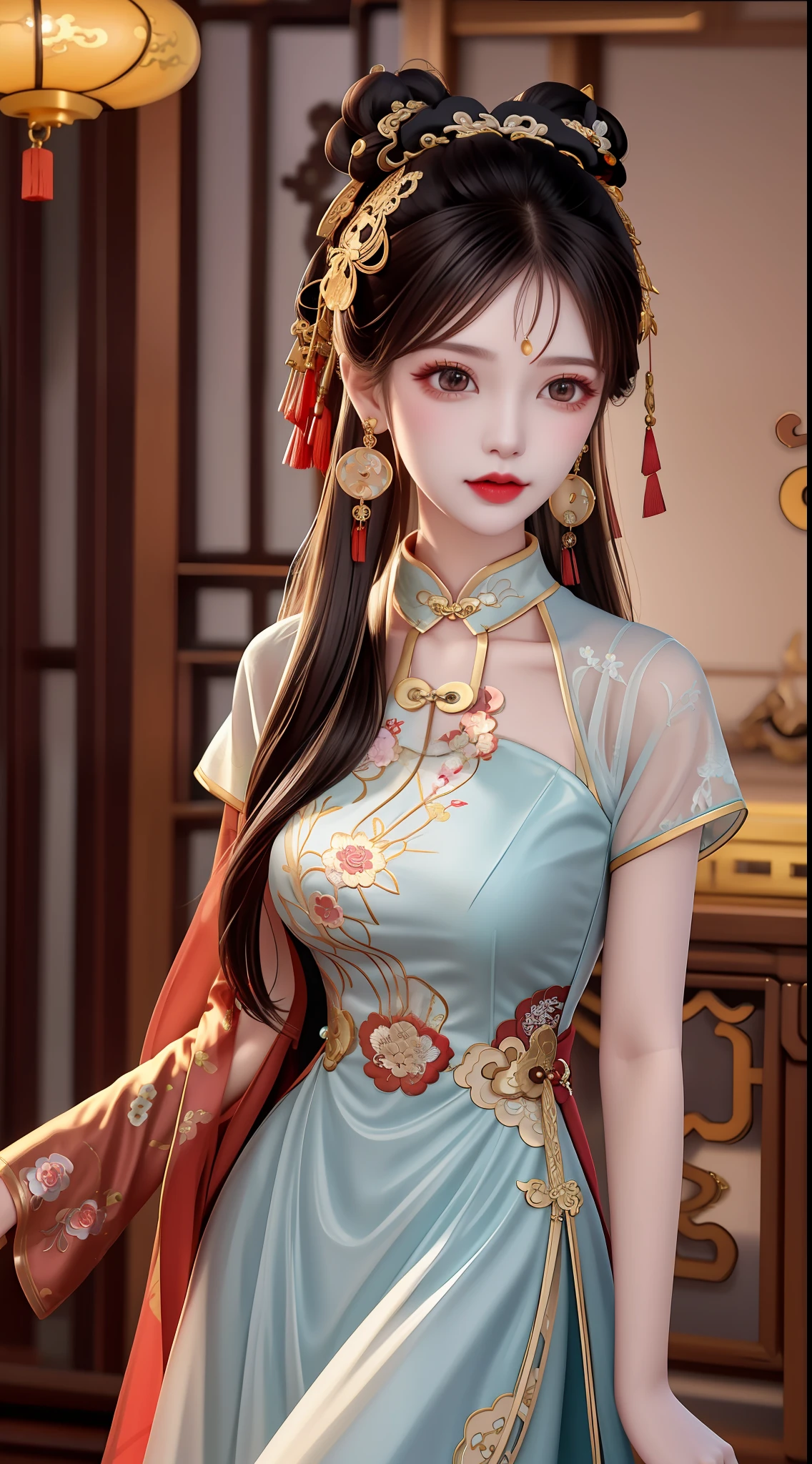 Best quality at best, tmasterpiece, beautiful face, 1girll, Long_Hair, 独奏, The upper part of the body_Body, Porcelain dress,shift dresses,hair adornments, choker necklace, jewely, long whitr hair, 耳Nipple Ring, Chinese clothing with high details,8K分辨率,超高分辨率,A young girl, A cute girl,short detailed hair,hair-bun,lipsticks,Tassel earrings,choker necklace,Black clear eyes,Smooth hair,鎖骨,Exquisite and perfect facial features, the most beautiful big eyes,Long eyelashes,The eyes are sweet and there are lying silkworms,dynamic angle,Extreme picture quality,Highest precision,Precise and perfect human anatomy,(((Professional Dress,Slim Republic of China cheongsam,Crimson gold embroidery))),((sitted)),Warm scene,超高分辨率,Ultra-clear vintage black flowing hair,Delicate bun)By bangs,(Long flowing hair,With a bun:1.3)),Delicate collarbones,beautiful make up,Exquisite and perfect facial features,,Big watery eyes,Lying silkworm,Long eyelashes,The eyes are sweet and have eye shadow,Slim waist,Do not show your hands,,lipsticks,Blushlush,Delicate earring earrings