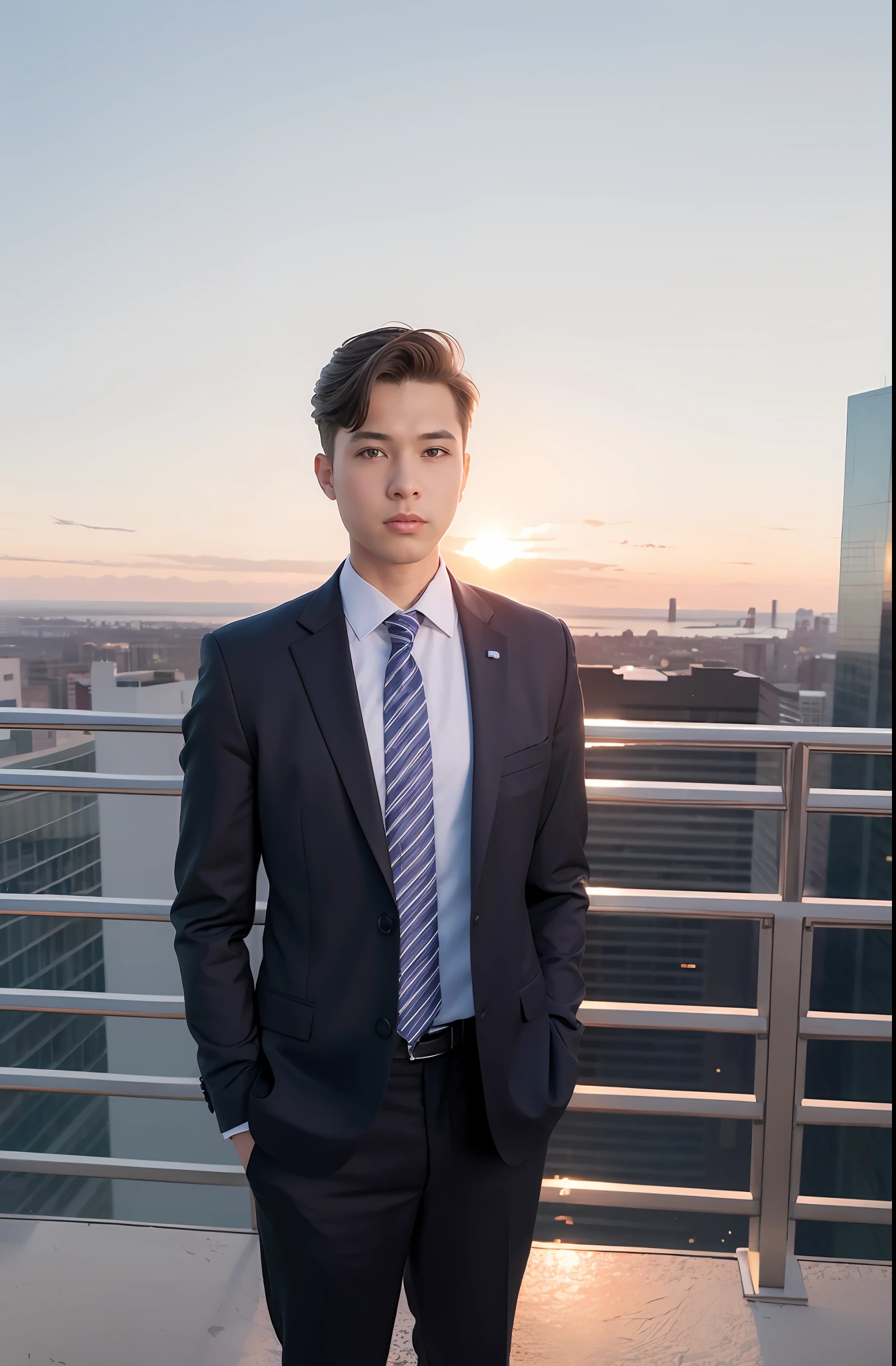 1boys,Solo, parted lip, Office Man, Business suit ,
skylines, Cloud,Sunset, arms behind head, view the viewer,