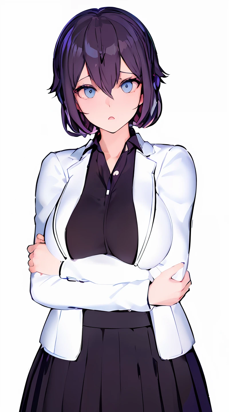 Blue eyes、Anime girl in white jacket and black skirt with arms crossed, yandere. tall, akane owari danganronpa, kusanagi, Gapmoe Yandere, render of april, anime moe art style, Female protagonist 👀 :8, 2 b, 2b, chiaki nanami from danganronpa, Fubuki