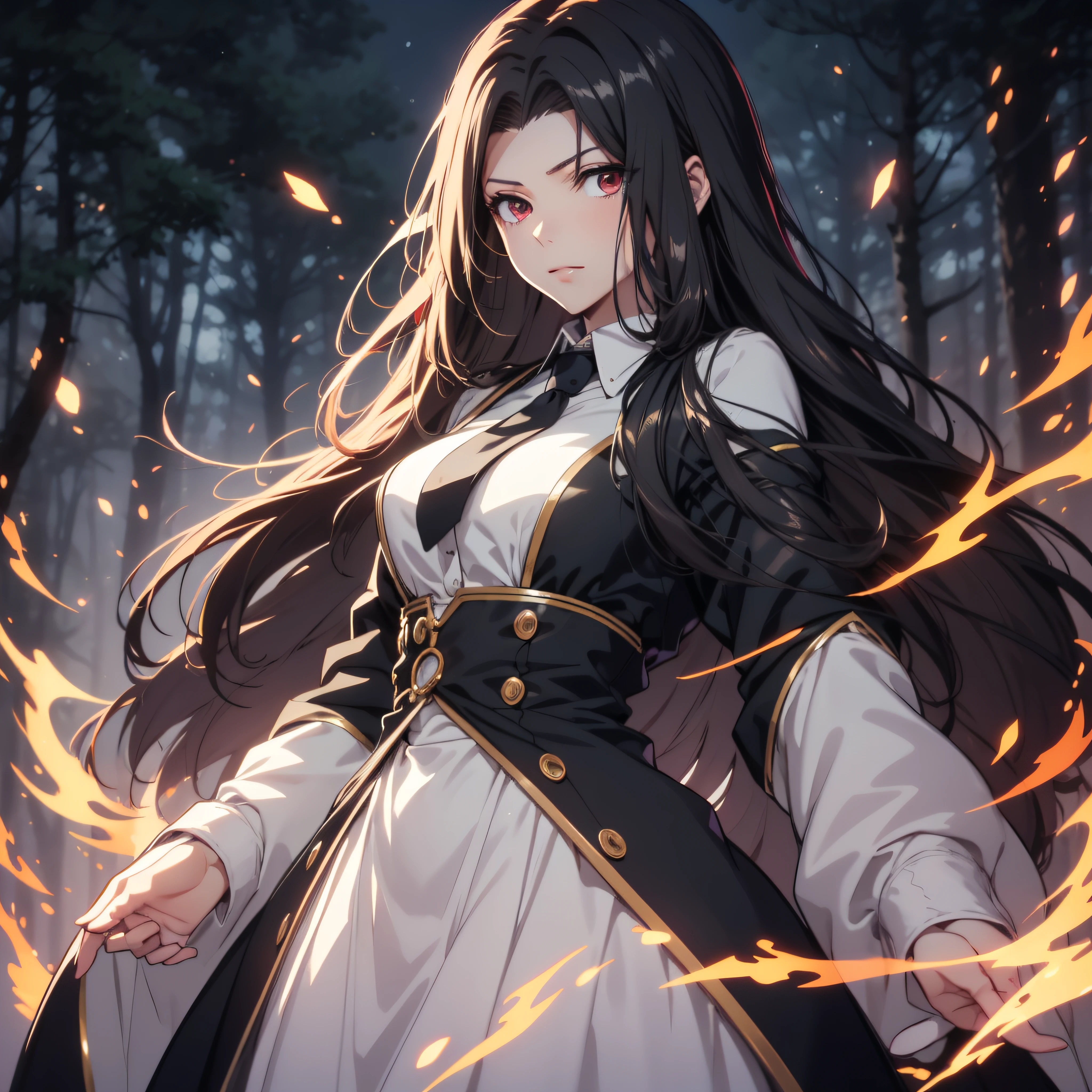 (ultra-detailed, perfect pixel, highrest, best quality), 20 years old Anime girl, smooth anime artstyle, long raven hair, slightly wavy hair, parted bangs, black hair, gradient hair color, Magus, red eyes, detailed eyes, beautiful eyes, long black coat, white shirt, ((neckwear, long tie)), black skirt, aristocrat, noble attire, beautiful, ethereal, elegant, prestigious, dark forest background, particle effect, smoke effect, fire flame, lightning, magic light, standing, looking at viewer