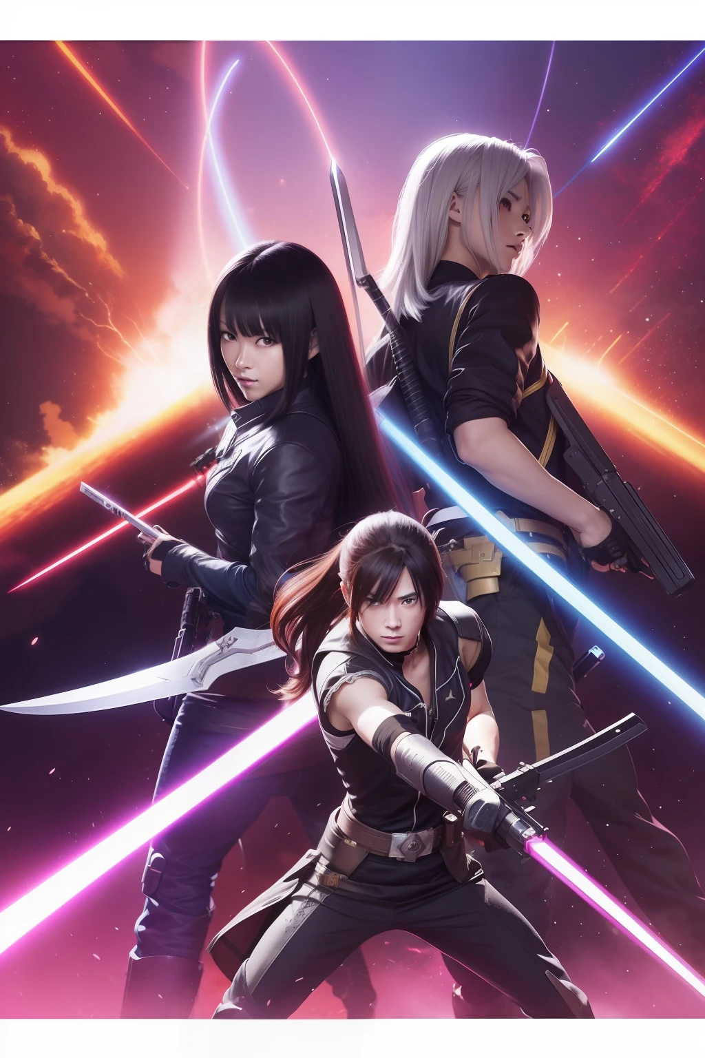 Anime character with sword and gun in hand, with plasma gun, cel - shaded art style, beautiful sci - fi twins, dual wielding two magical swords, official fan art, Laser sword in hand, high quality fan art, dual wielding swords, dual swords, cel shaded anime, Mobius and Ion Flux, in the art style of 8 0 s anime