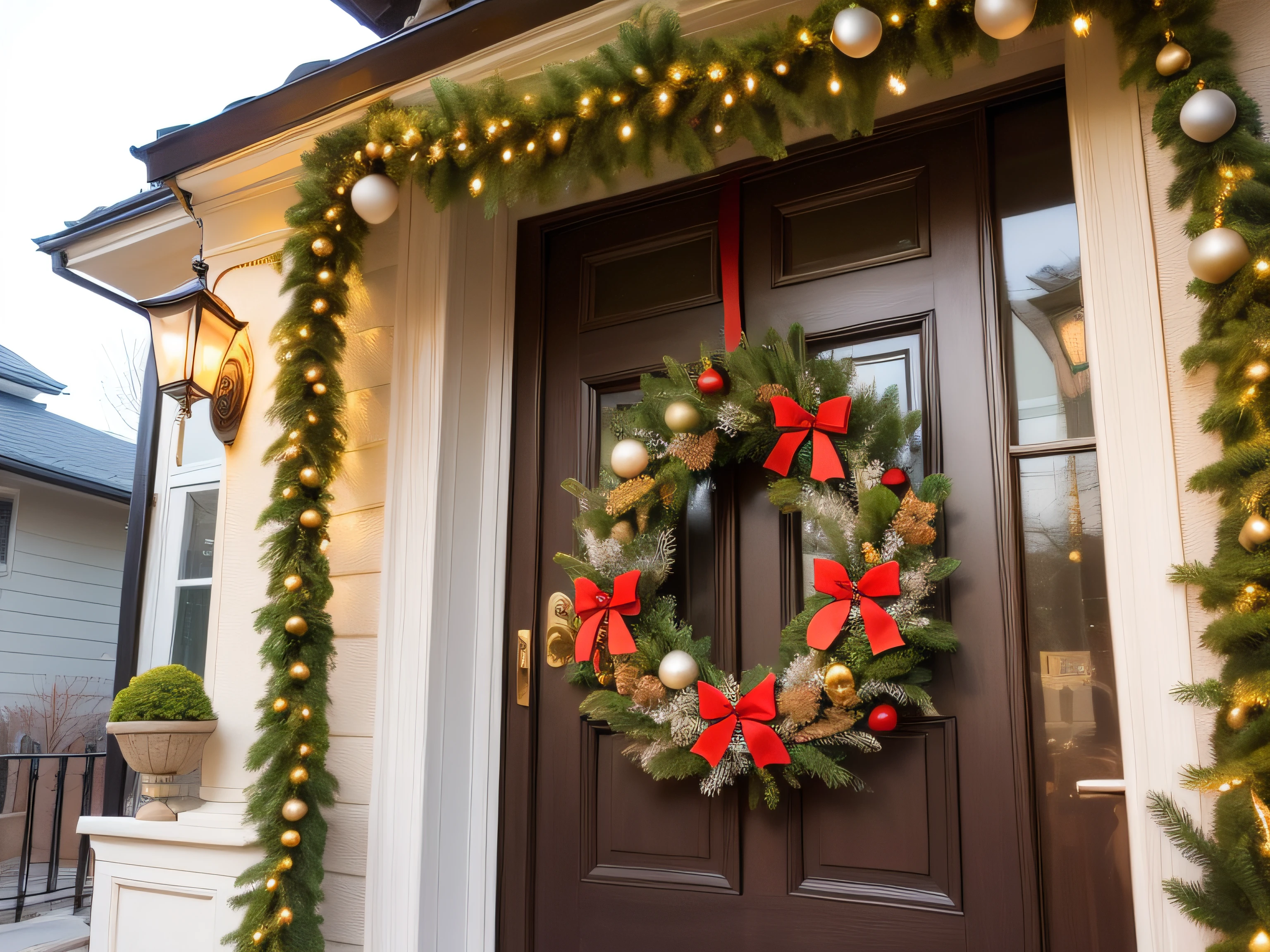 Christmas wreath on the door of a house。Top image quality。photos realistic。