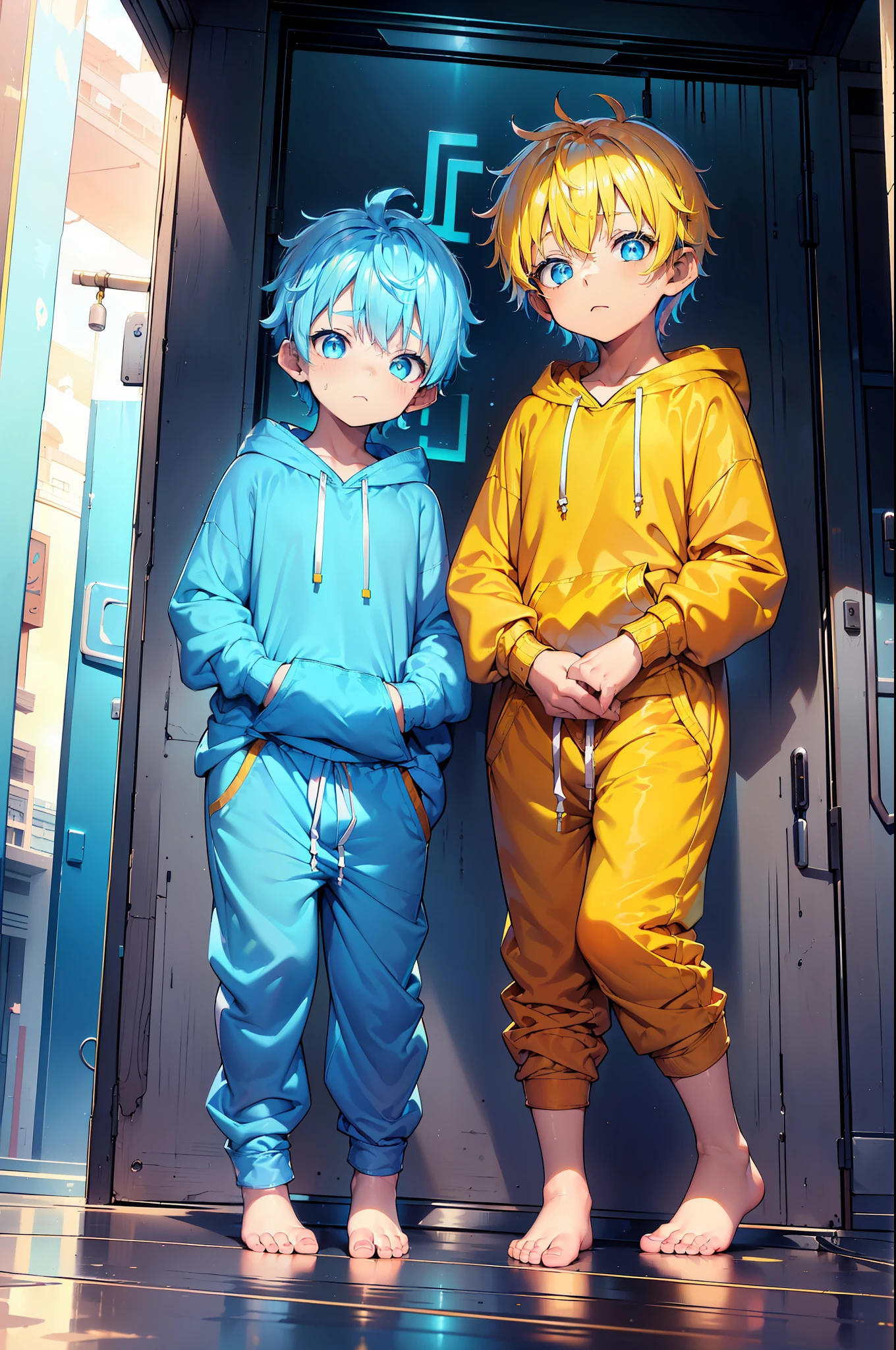 2  with blue colored hair and shiny, glowing cyan eyes and barefoot and small feet, who wear a yellow oversized hoodie and sweatpants, sitting on wall, flush, Jung, Junge, Kind, klein, Kleinkind, tiny feet, (Jogginghose:1.4), (Jung:1.4), (Kind:1.4), (Shota:1.4), (Kapuzenpullover:1.4), (sunset:1.4)