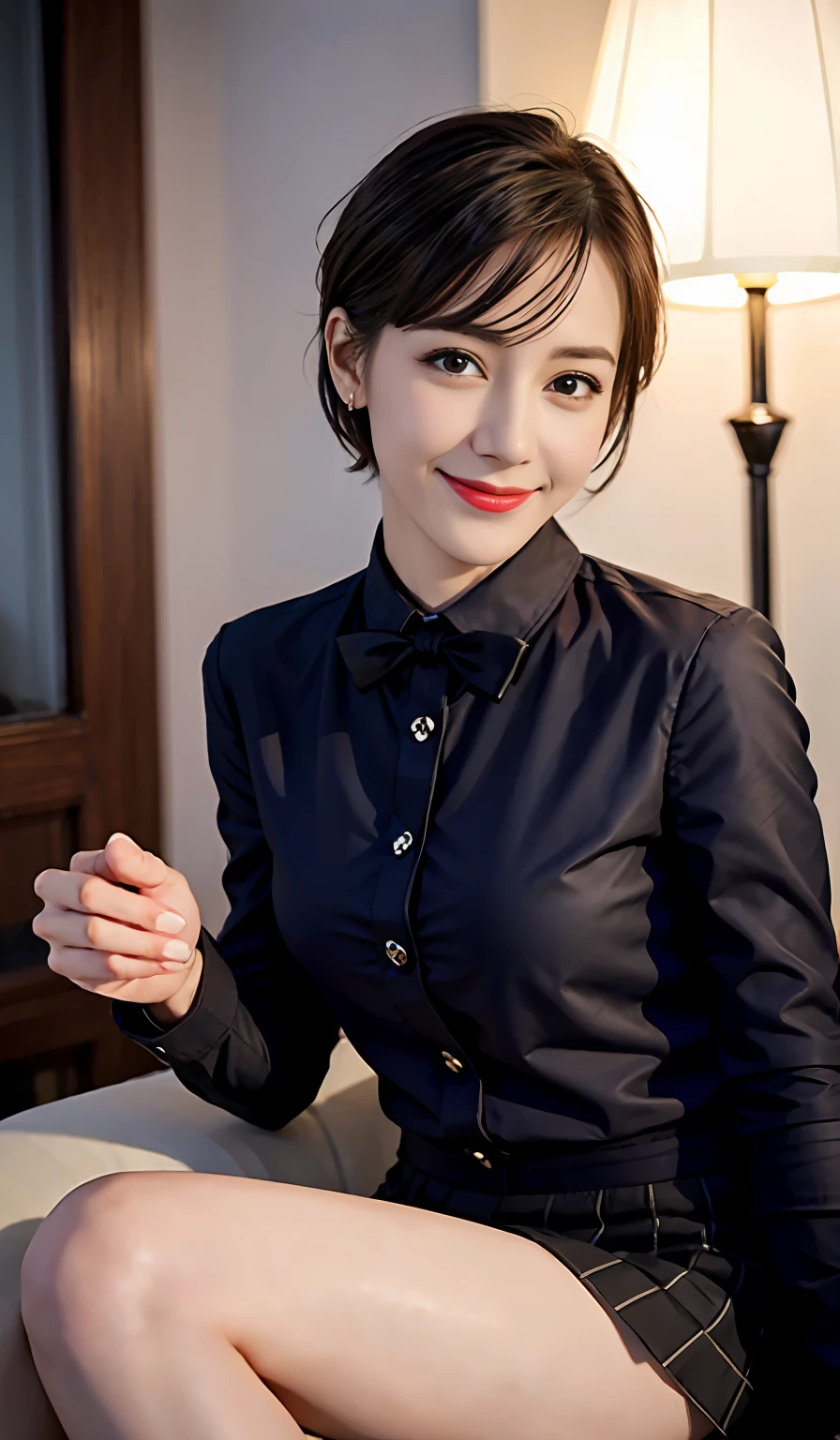 (8k, RAW photo, best quality, masterpiece:1.2), (realistic, photo-realistic:1.37), ultra-detailed,
1 girl,cute, solo,beautiful detailed sky,detailed cafe,night,sitting,dating,(nose blush),(smile:1.1),(closed mouth),large breasts, seductive smile, large aparture, professional lighting, Sony A7R4, Zessie 50mm F1.8,
medium breasts,beautiful detailed eyes,(collared shirt:1.1), bowtie,pleated skirt,(short hair:1.2),floating hair