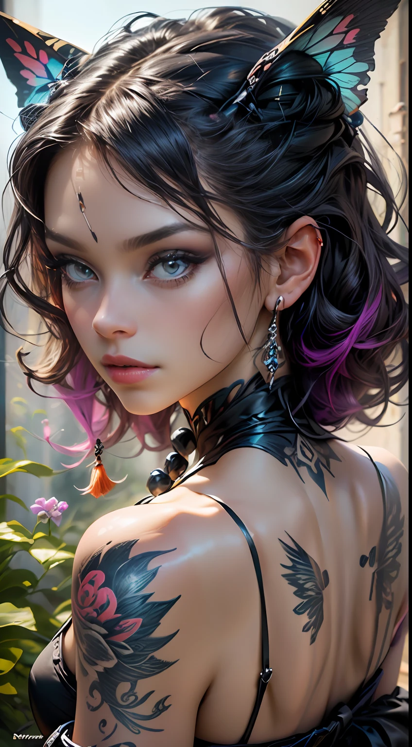 ((melhor qualidade)), ((obra-prima)), ((realista)), (detalhado), branco luminoso reflexivo: 1.5, textura vermelho brilhante: 1.3, 1bela mulher cabelo preto a colourful butterfly nymph tattoo suited for women