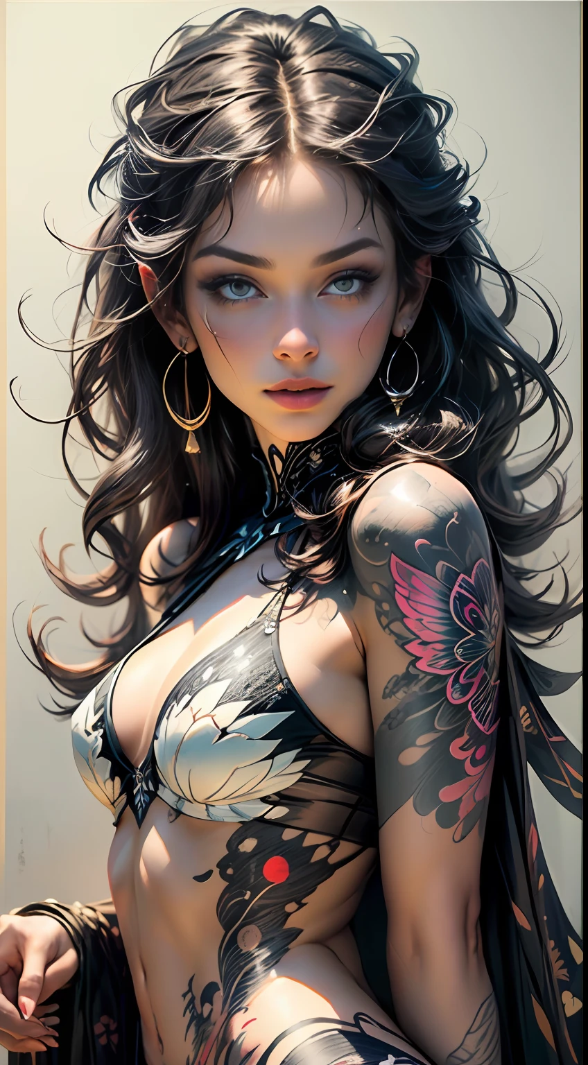 ((melhor qualidade)), ((obra-prima)), ((realista)), (detalhado), branco luminoso reflexivo: 1.5, textura vermelho brilhante: 1.3, 1bela mulher cabelo preto  a colourful butterfly nymph tattoo suited for women