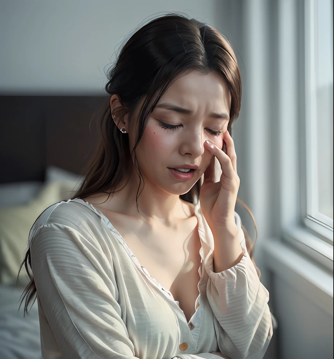 woman having an anxiety attack, eyes closed, crying, disheveled hair, high quality, photorealistic, 8k, high definition, wearing nightwear, in bedroom --auto --s2