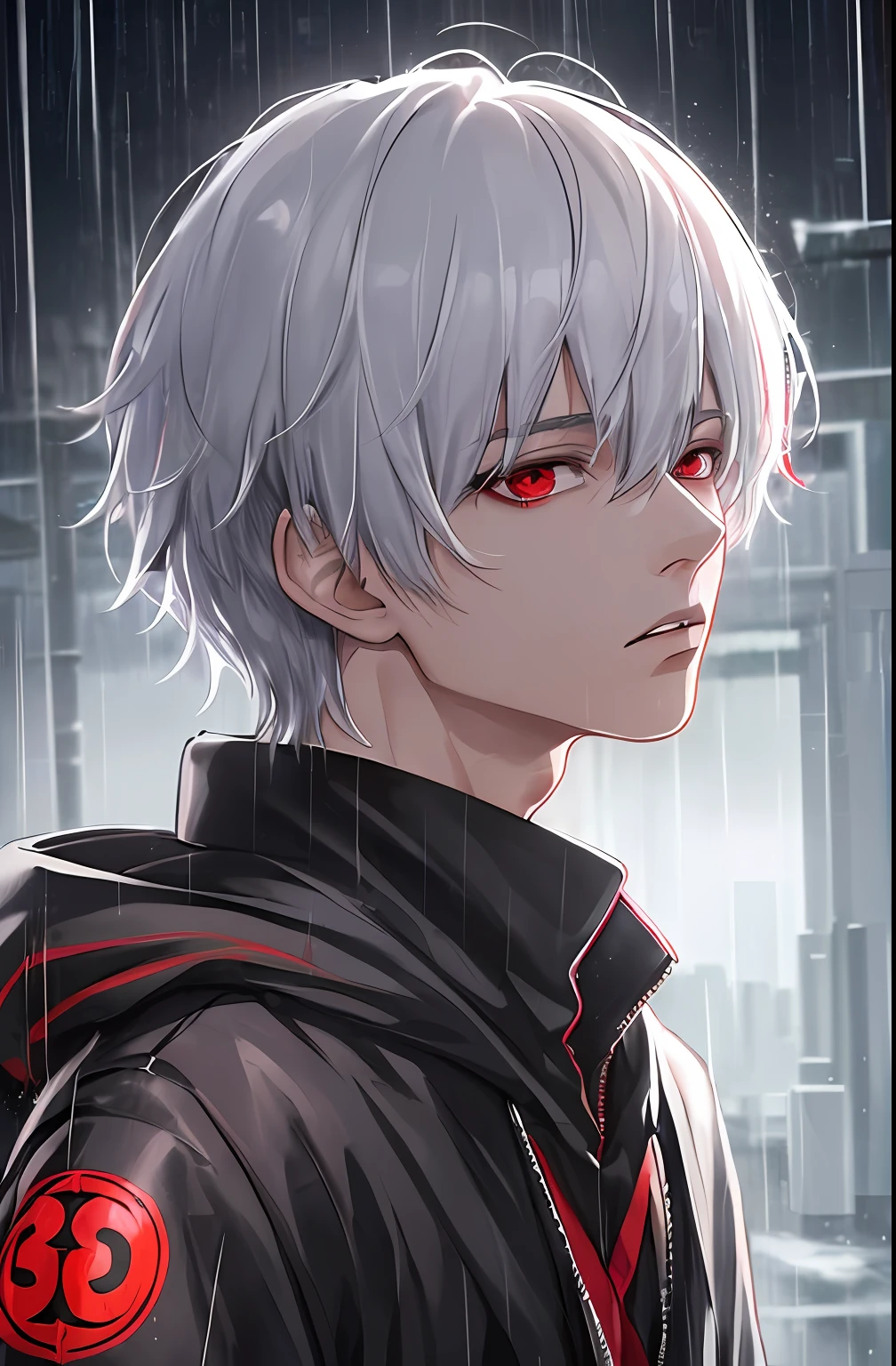 kk, best quality, more details, masterpiece, 1boy, kaneki ken, portrait, male focus, red eyes, solo, bangs, looking at viewer, hood, short hair, rain, tokyo tokyo \(city\), hood up, nail polish, white hair, luxurious, 8k, detailed, ray tracing, depth of field, cinematic lighting,