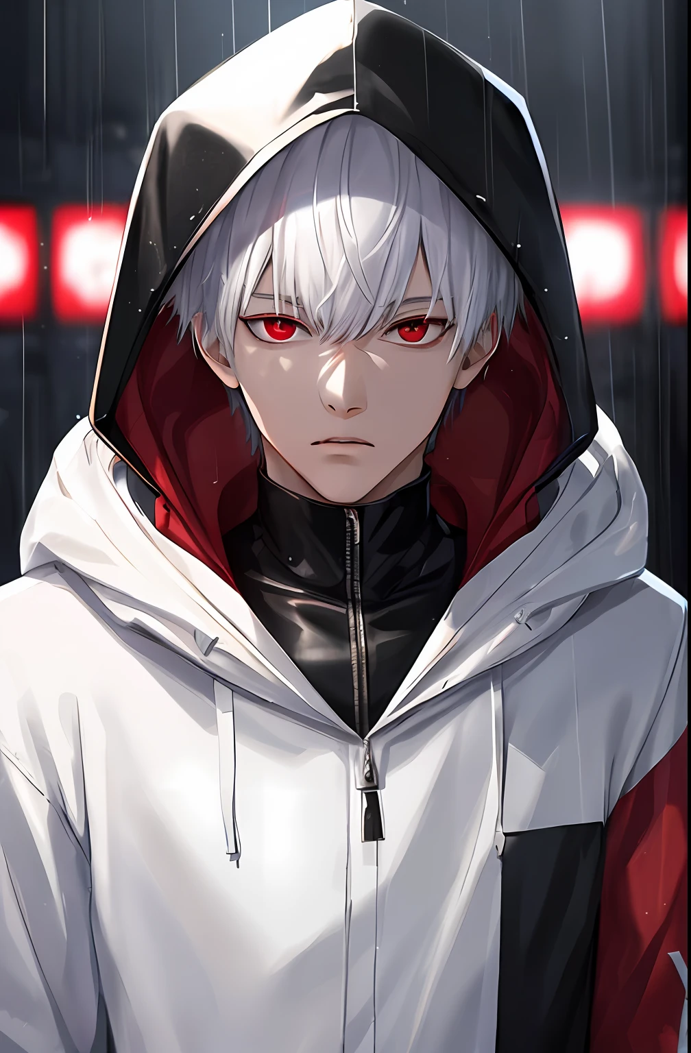 kk, best quality, more details, masterpiece, 1boy, kaneki ken, portrait, male focus, red eyes, solo, bangs, looking at viewer, hood, short hair, rain, tokyo tokyo \(city\),  hood up, nail polish, white hair, luxurious, 8k, detailed, ray tracing, depth of field, cinematic lighting,