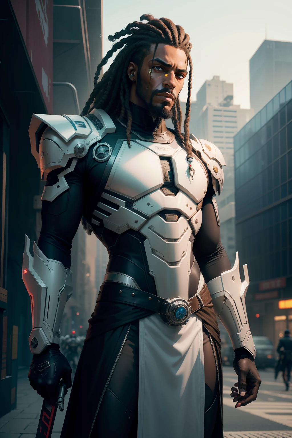 Escuro_fantasia, Cyberpunk, black man, brown skin, nu dreds hairPolice Chief, barba curta branca, mechanical marvel, rosto velho, homem quarenta anos, robotic presence, cybernetic guardian, wearing a white mechanical medical suit, intrincado, (steel metal [enferrujado]), elegante, Foco claro, Gothic colors, obra-prima, ((rua)), dinamic pose, wielding a sword in his left hand, Medicine symbol on uniform, dark light, horse mounted