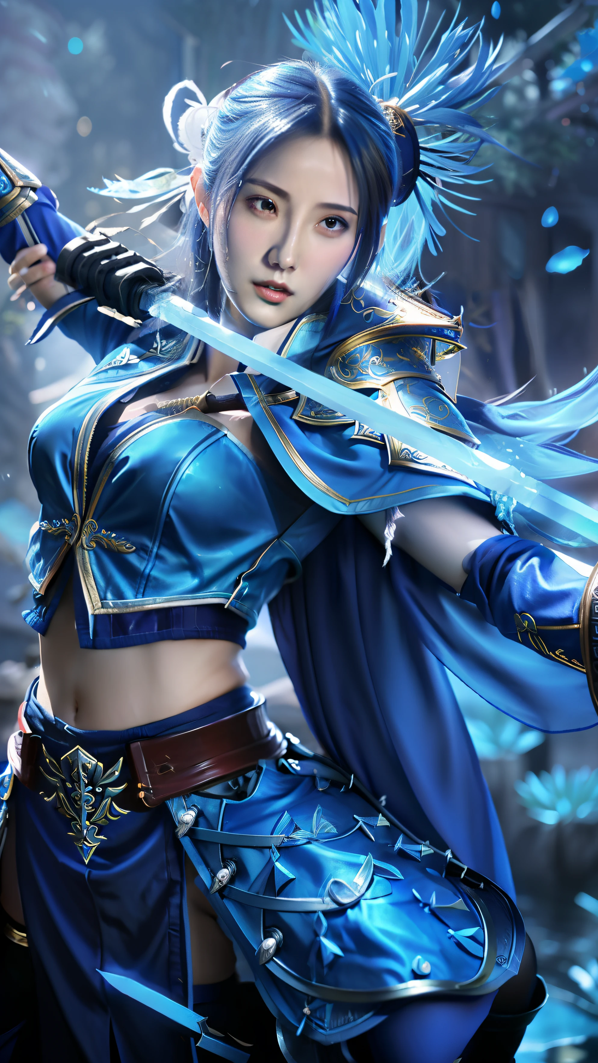 a close up of a woman with a sword in a blue outfit, ashe, inspired by Lan Ying, orianna, splash art, character splash art, heise jinyao, inspired by Ju Lian, astri lohne, yun ling, iconic character splash art, ig model | artgerm, inspired by Shen Zhou, valentina remenar, ice mage