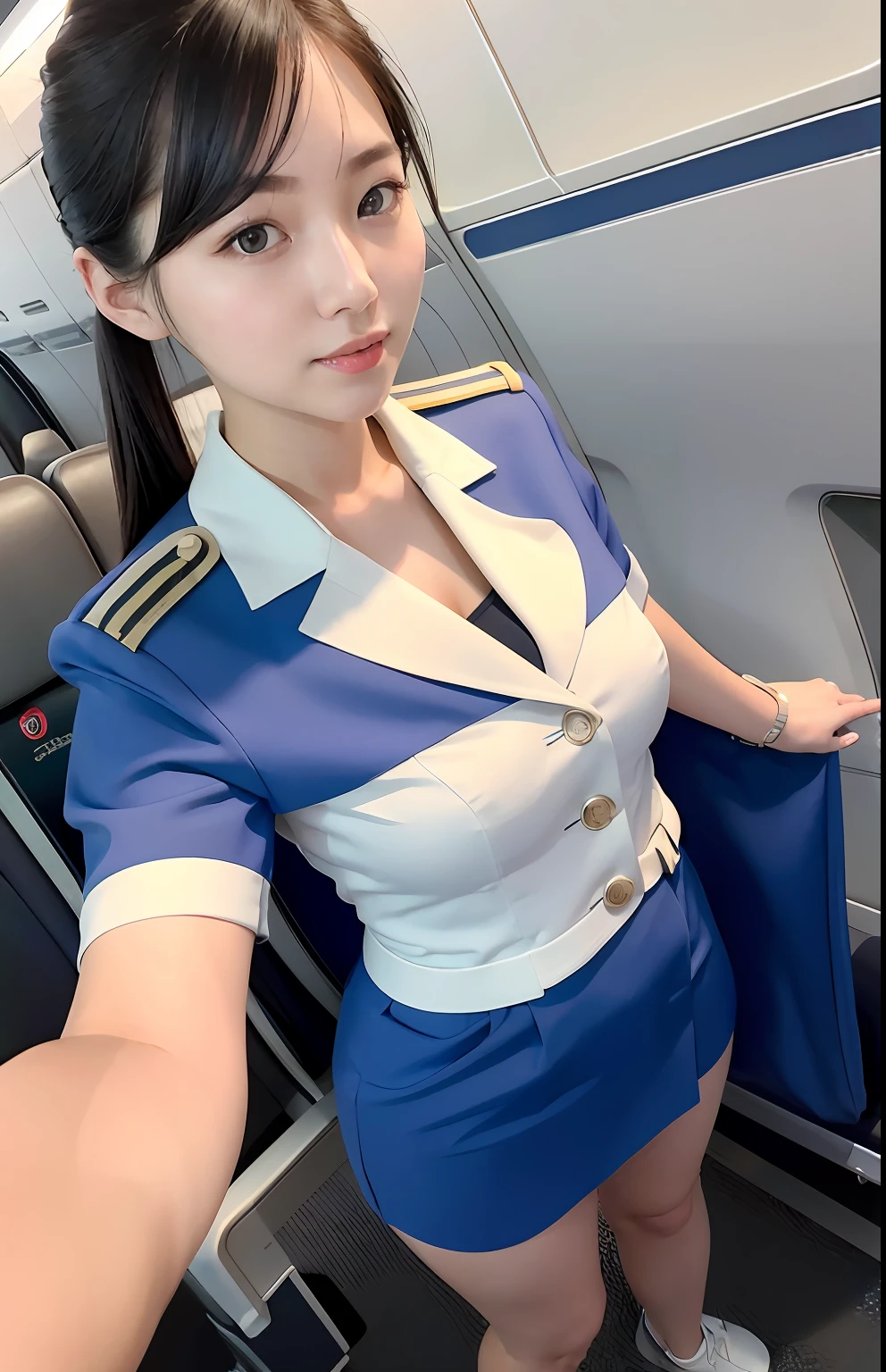 photo of a ultra realistic 4k, hyper realistic, focused, perfect face, beautiful face, lots of fine detail, photography, photorealism, the highest quality, the highest detail, Third-Person View, Long Exposure, 8K, Ultra-HD, ultra details, award-winning photography, 
stewardess, in airplane, short hair, ponytail, Korean, Korean idol, Korean beauty, full body, white skirt, blue short sleeve Korean airline uniform,