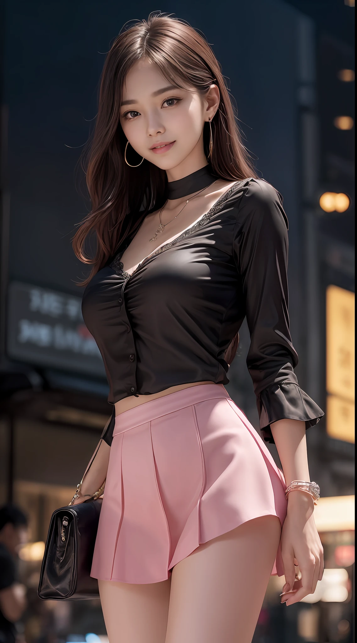 8k, masterpiece, RAW photo, best quality, photorealistic, extremely detailed CG unity 8k wallpaper, Depth of field, Cinematic Light, Lens Flare, Ray tracing, (extremely beautiful face, beautiful lips, beautiful eyes), intricate detail face, ((ultra detailed skin)) 1girl, in the dark, deep shadow, pretty korean girl, kpop idol,(very slim slender fit-muscled body:1.3), ((looking at viewer)),(big smile:1.3), (night, (neon sign), (blurry background), midnight, (without people in the background:1.3), pretty korean girl, white diamond earrings, bracelets, necklace, pantyhose, clear eyes, walking , front shot, (pale skin), face forward, (big eyes), full body shot, ((see through blouse)), (hot pink color blouse)), ((laced skirt)), (looking at viewer:1.3), very slim, medium breasts, Hermes bag