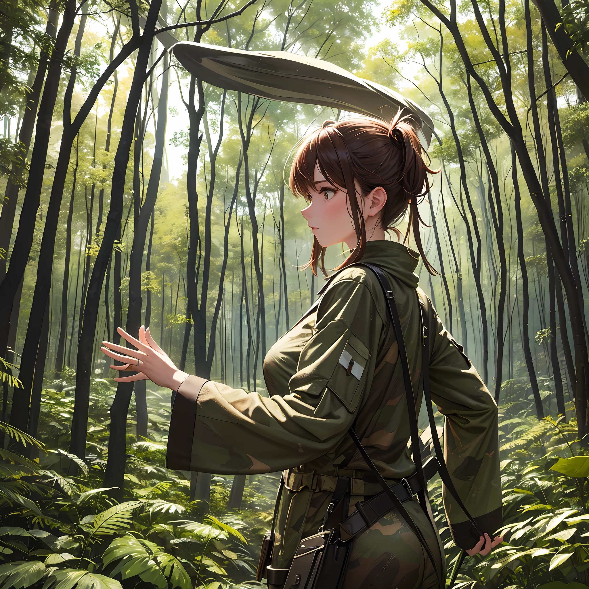 A woman in camouflage costume dances in the forest,There is a very beautiful phoenix behind her,There are light and shadows