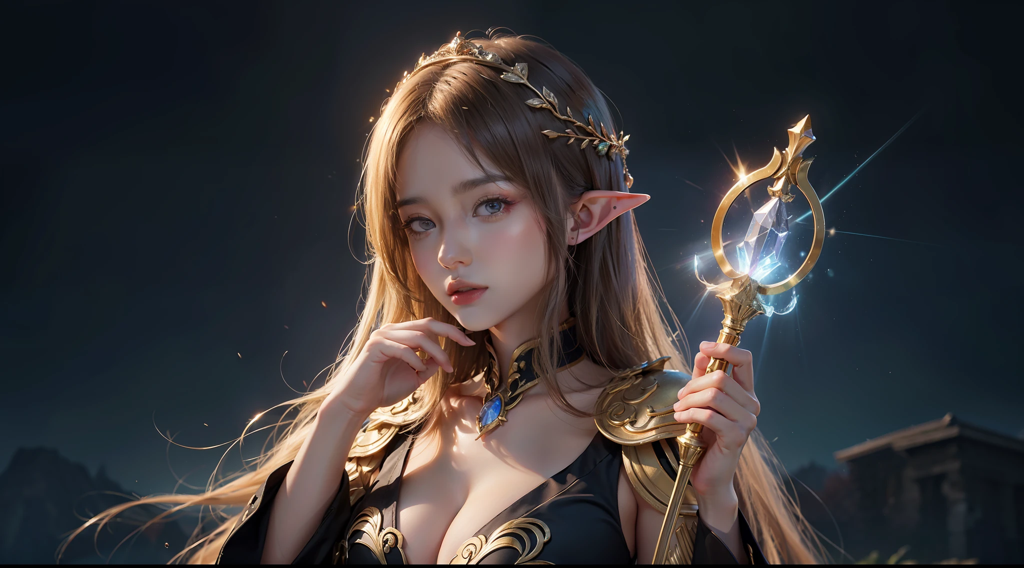 tmasterpiece，top-quality，best qualityer，offcial art，Beauty and aesthetics：1.2），（tmasterpiece：1.3）， （8K， realisticlying， RAW photos， best qualtiy： 1.4）， beauitful face， （photorealiscic face），超高分辨率， Ultra photo realsisim， highly  detailed， the golden ratio， （Award-winning digital artwork：1.3） af （sketching：1.3），（with dynamism：1.3），（Saturation：1.3），（Close portrait：1.3），illusory engine， (High detail: 1.9)，（femele：1.4），（big breasts beautiful： 1.4),(carismatic:1.3)，Huge ruins，speleothems，the night，Female elf，half-body shots，Large breasts，（Close portrait：1.3），illusory engine， (High detail: 1.9)，volumettic light，(((Glowing scepter)))，(((Correct fingers)))