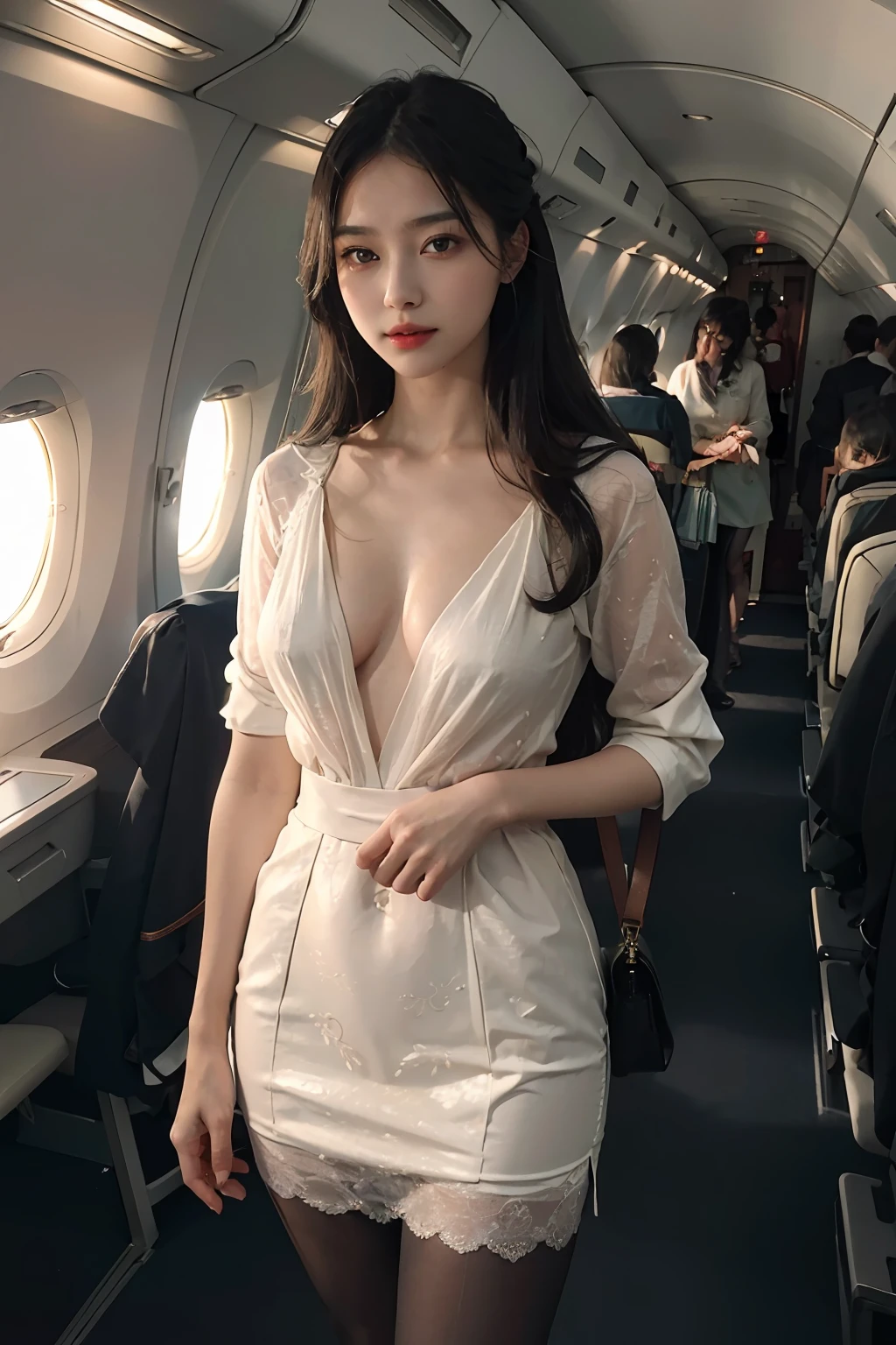 best quality, masterpiece, 8k, ultra high res, (photorealistic:1.4), highly detailed, intricate detail, delicate and beautiful, good lighting, professional lighting, sharp focus, detailed shadows, exquisite details and textures, depth of field, unity 8k wallpaper, cinematic composition, cinematic lighting, official art, Cabin Crew, flight attendant, black pantyhose, (aircraft, (Aircraft Corridor), Aircraft seats) beautiful elegant face, detailed face, detailed eyes, realistic hair, long hair, (1girl), (standing:1.3),
