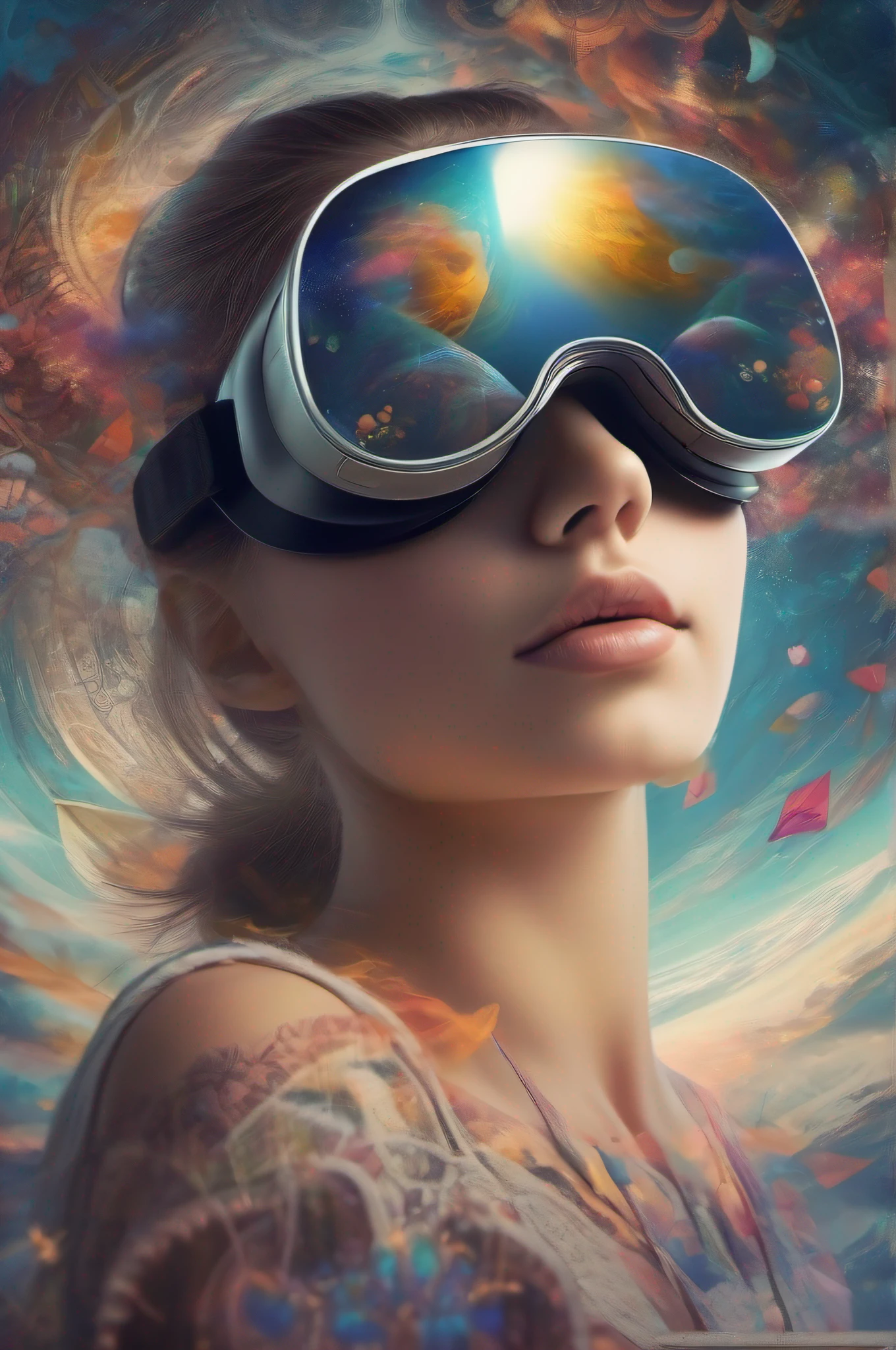 a beautiful girl wearing a virtual reality headset as images of her thoughts circulate around her