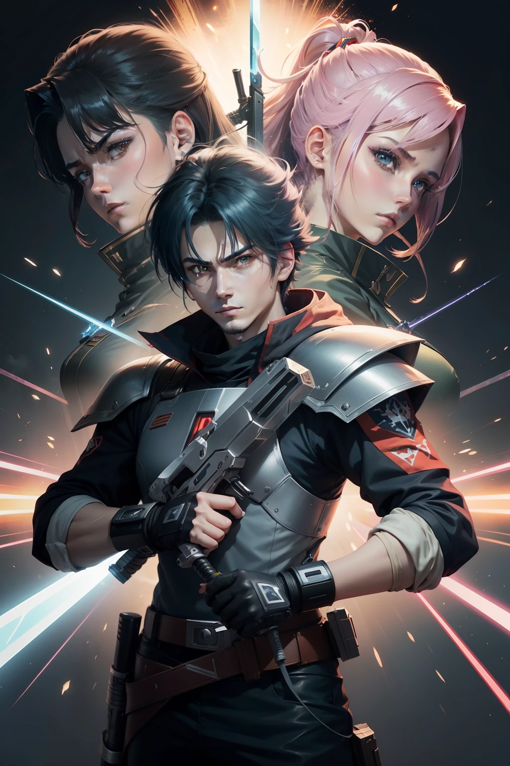 Anime character with sword and gun in hand, with plasma gun, cel - shaded art style, beautiful sci - fi twins, dual wielding two magical swords, official fan art, Laser sword in hand, high quality fan art, dual wielding swords, dual swords, cel shaded anime, Mobius and Ion Flux, in the art style of 8 0 s anime