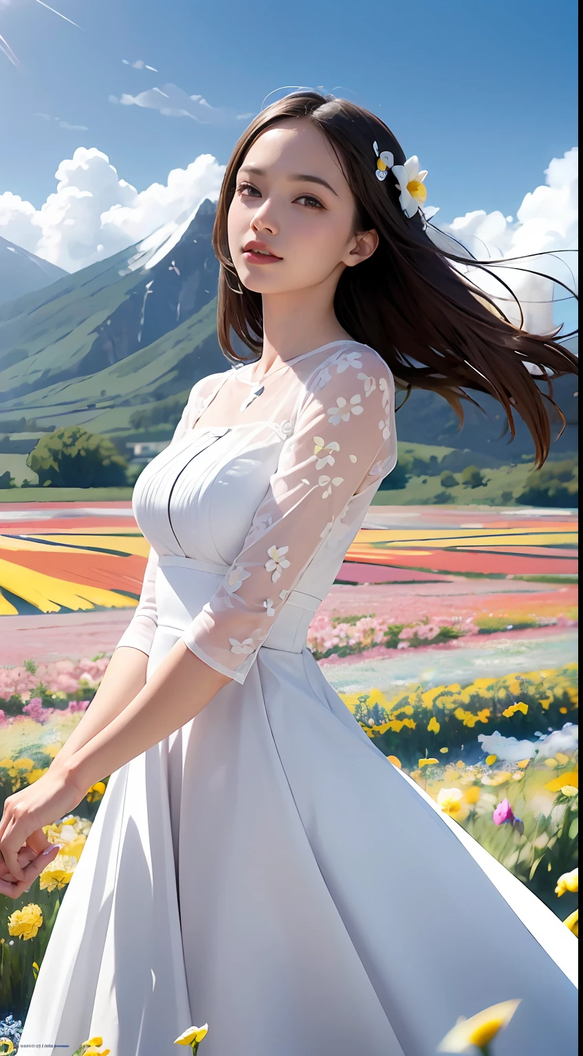 1girl, dynamic angle, cloud and mountain, (flower field:1.4) in the foreground, white dress, light tracing, (floating colorful wind:1)
(photorealistic:1.4), official art, unity 8k wallpaper, ultra detailed, beautiful and aesthetic, masterpiece,best quality, glowing skin, cinematic lighting, light smile