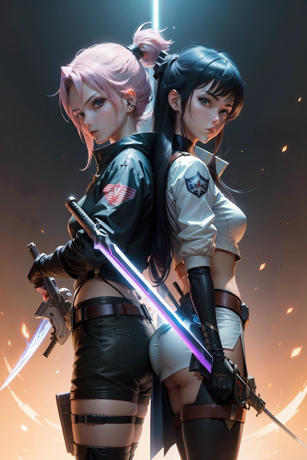 Anime character with sword and gun in hand, with plasma gun, cel - shaded art style, beautiful sci - fi twins, dual wielding two magical swords, official fan art, Laser sword in hand, high quality fan art, dual wielding swords, dual swords, cel shaded anime, Mobius and Ion Flux, in the art style of 8 0 s anime