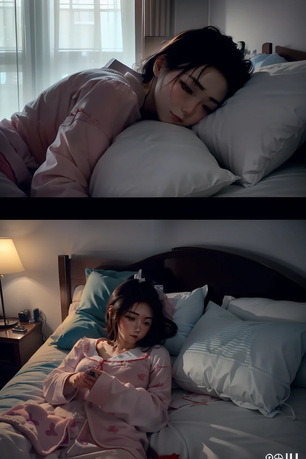 The husband was on the other side of the bed,One lying on the bed looking at his phone。