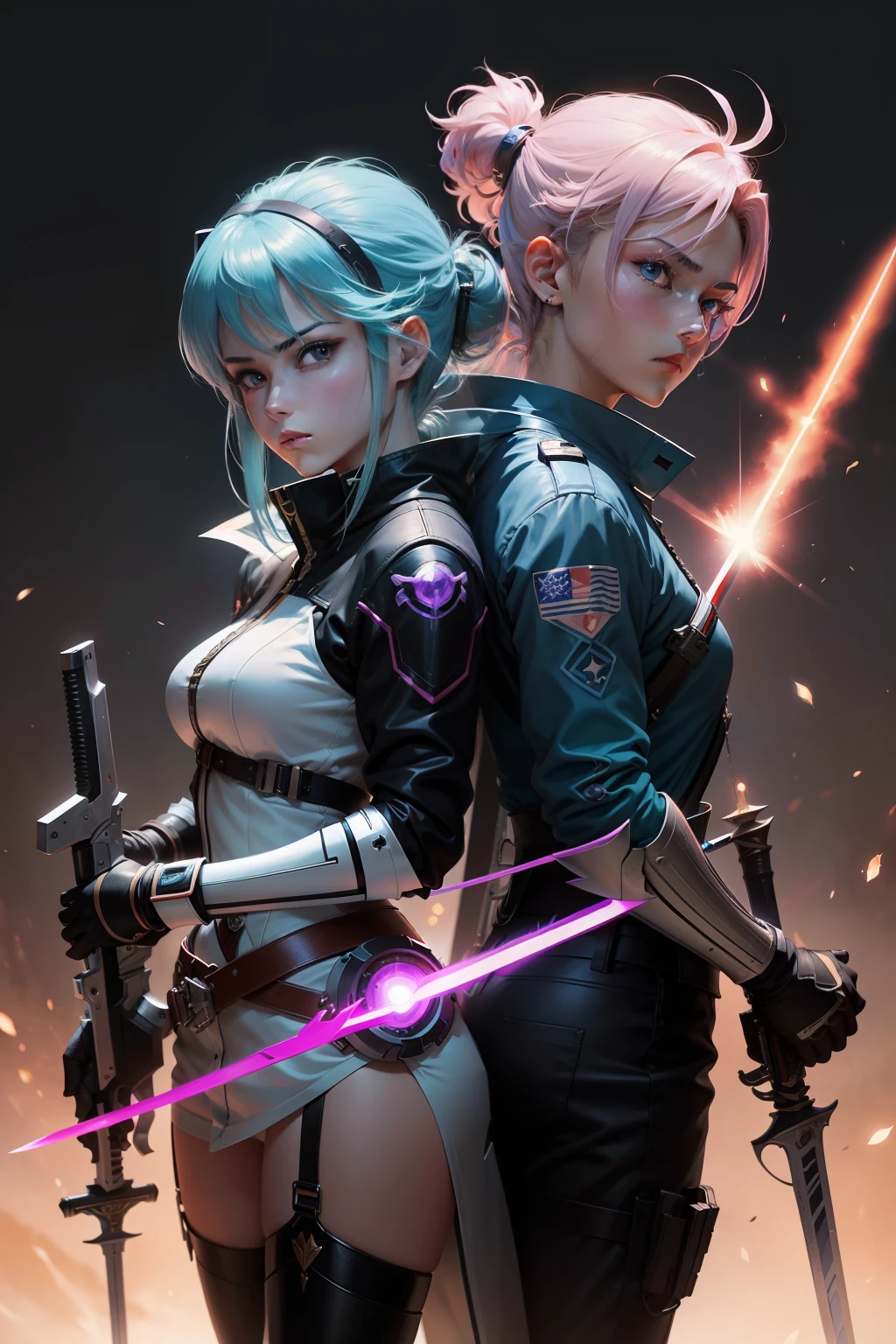 Anime character with sword and gun in hand, with plasma gun, cel - shaded art style, beautiful sci - fi twins, dual wielding two magical swords, official fan art, Laser sword in hand, high quality fan art, dual wielding swords, dual swords, cel shaded anime, Mobius and Ion Flux, in the art style of 8 0 s anime