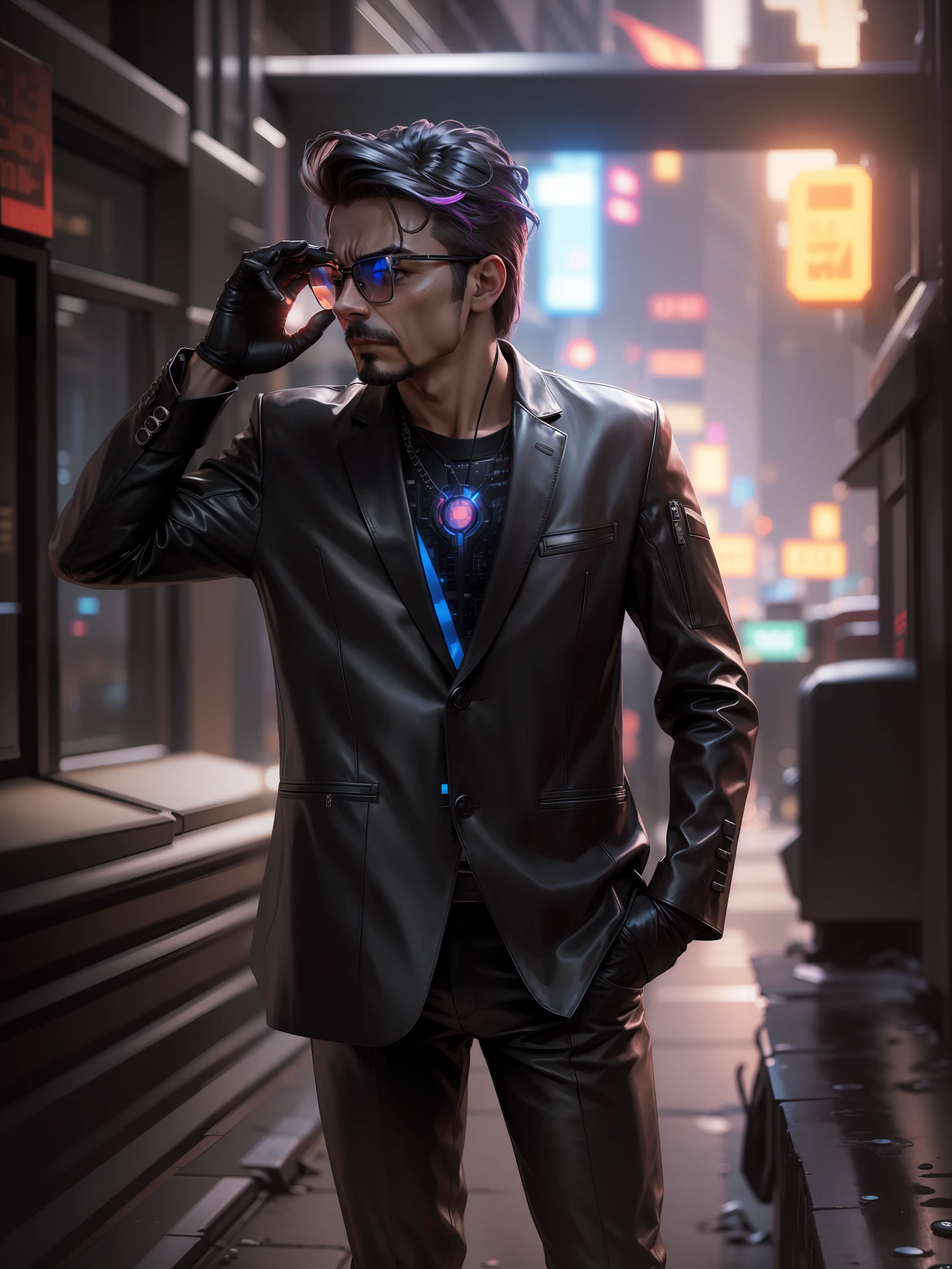 there is a man in a black leather jacket and glasses, hero pose colorful city lighting, iron man, full portrait of electromancer, black colour hairs, wearing cyberpunk leather jacket, inspired by Raymond Han, inspired by Max Magnus Norman, cyberpunk suit, cyborg fashion shot, cyber future jacket, cyber suit, cinematic outfit photo, professional cosplay, wearing Tony stark jacket
